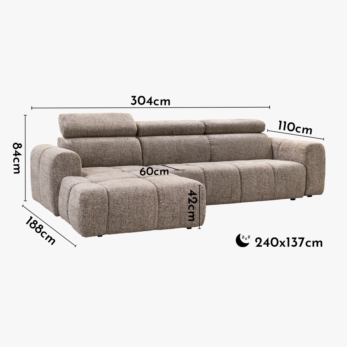 ALEXIA Canapé d'angle convertible avec têtières relevables en tissu taupe - Angle gauche