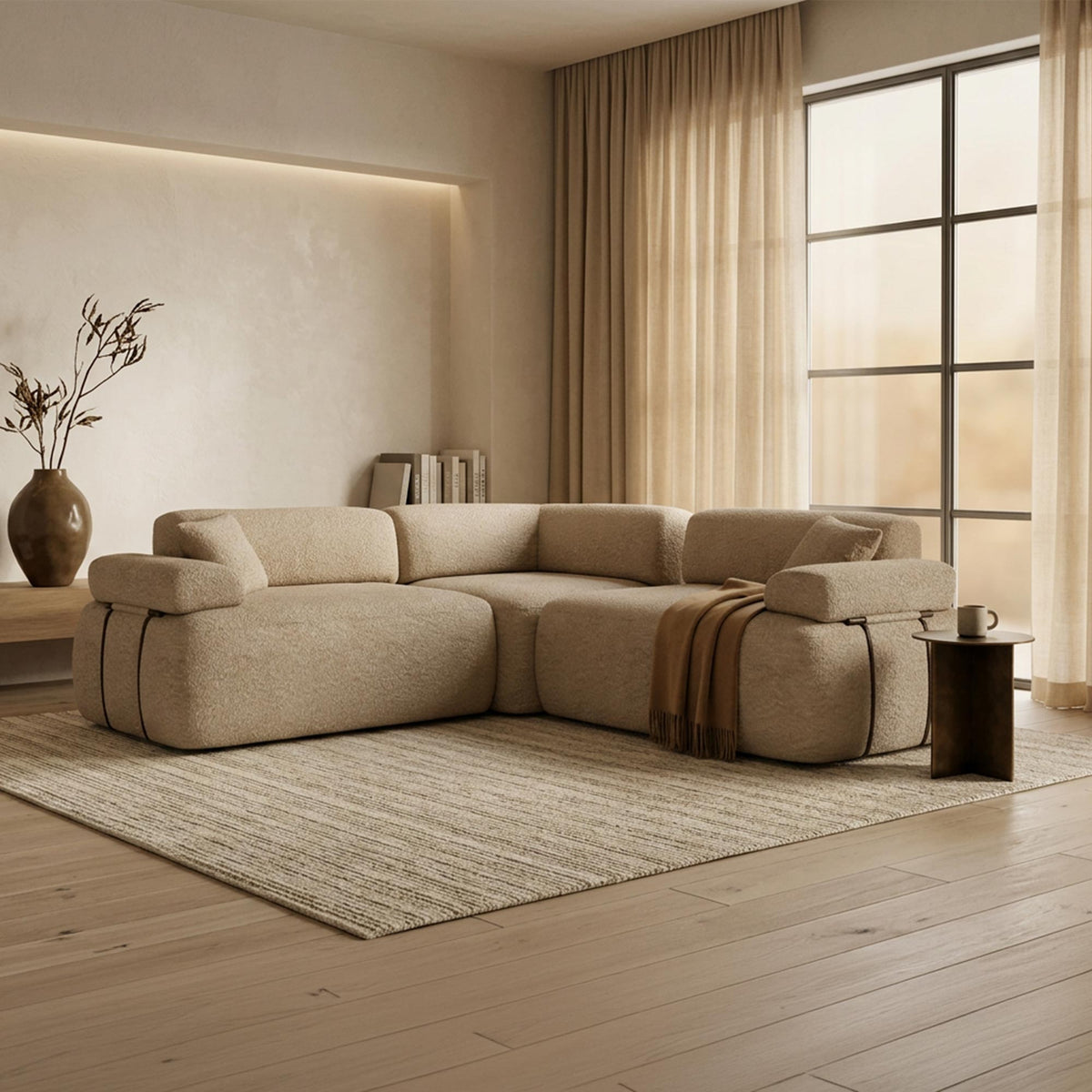 KAELA Canapé d'angle réversible avec dossier amovible en tissu beige foncé