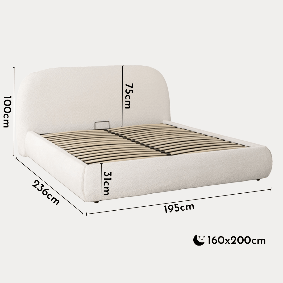 ADAM Lit double en tissu bouclette beige avec coffre 160x200 cm