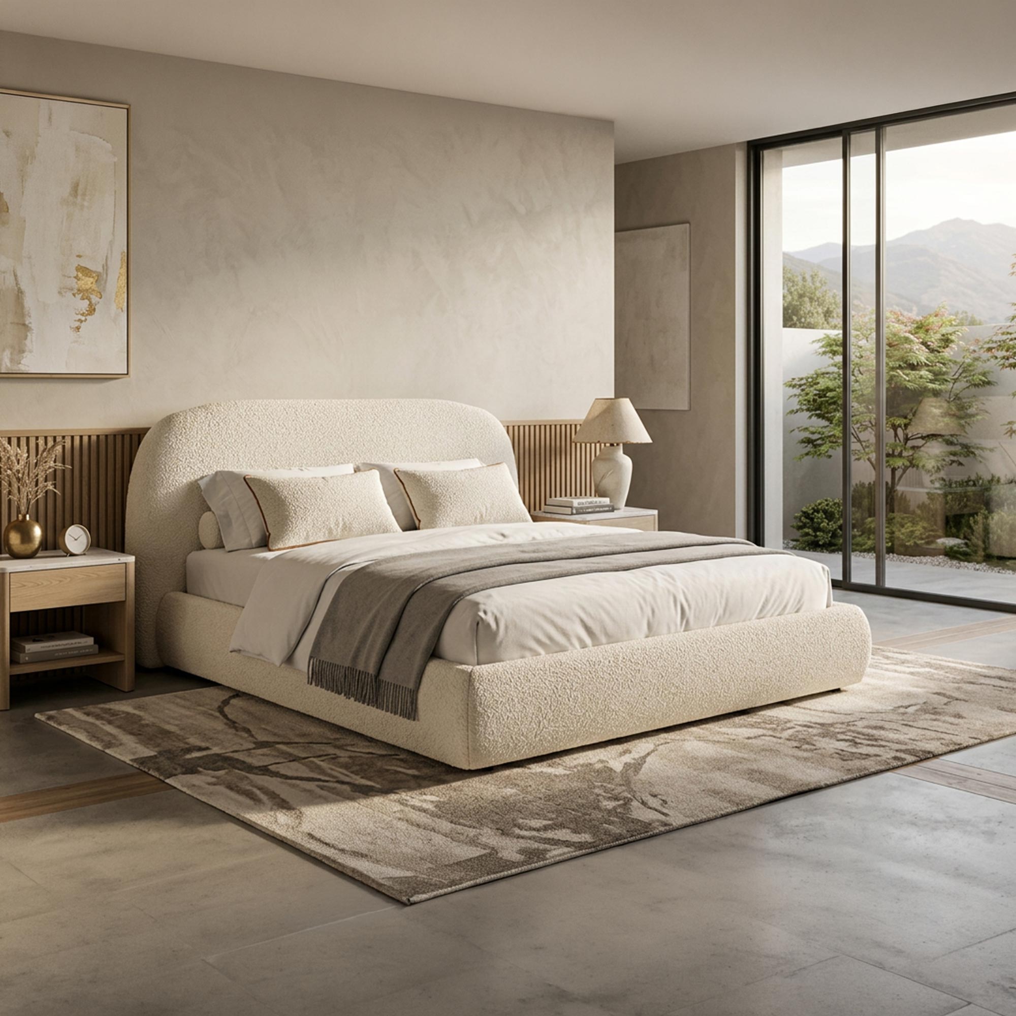 ADAM Lit double en tissu bouclette beige avec coffre 160x200 cm