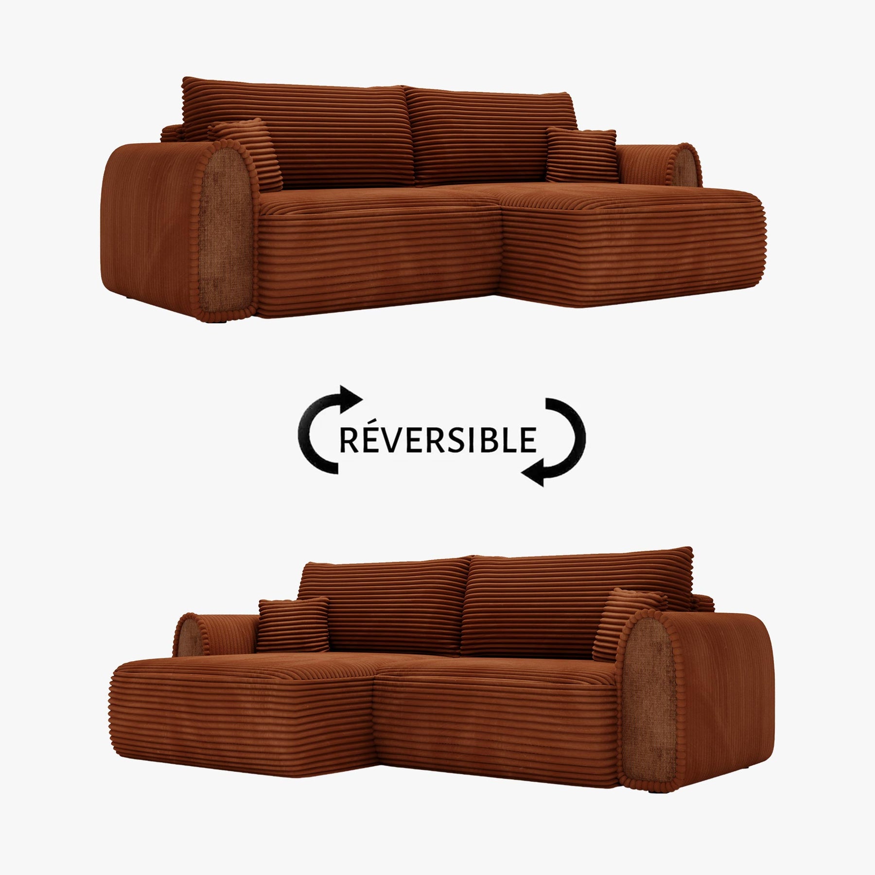 ADELE Canapé d'angle convertible et réversible avec coffre en velours côtelé terracotta
