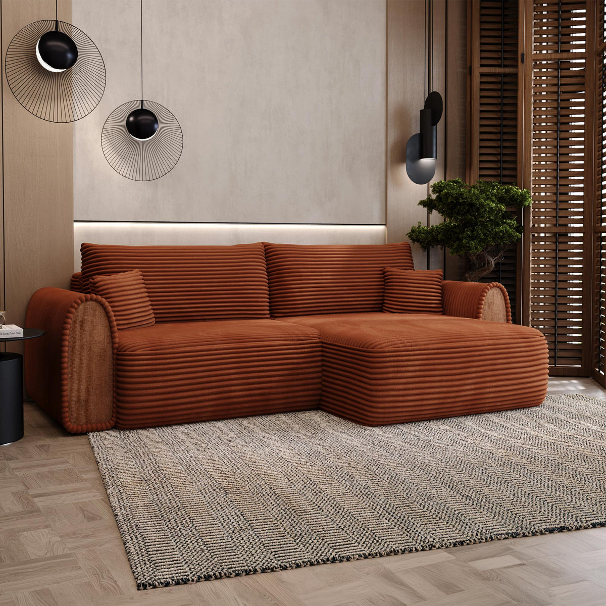 ADELE Canapé d'angle convertible et réversible avec coffre en velours côtelé terracotta