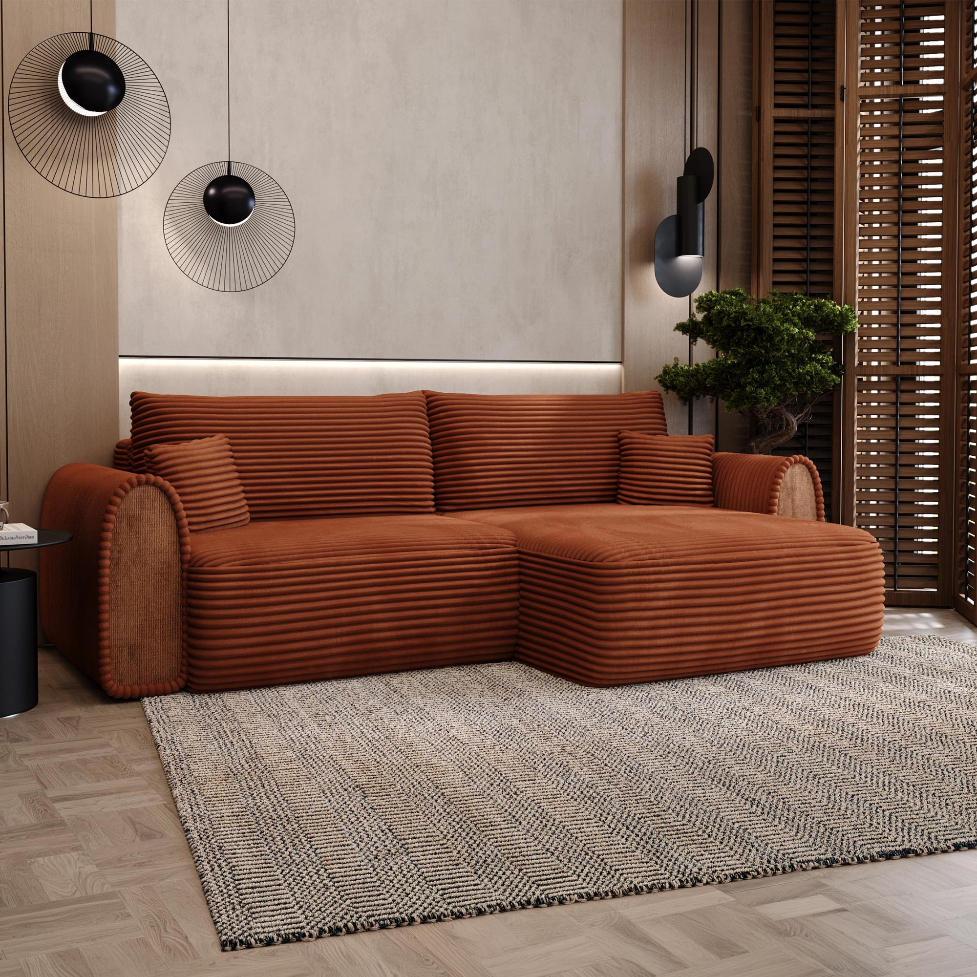 ADELE Canapé d'angle convertible et réversible avec coffre en velours côtelé terracotta