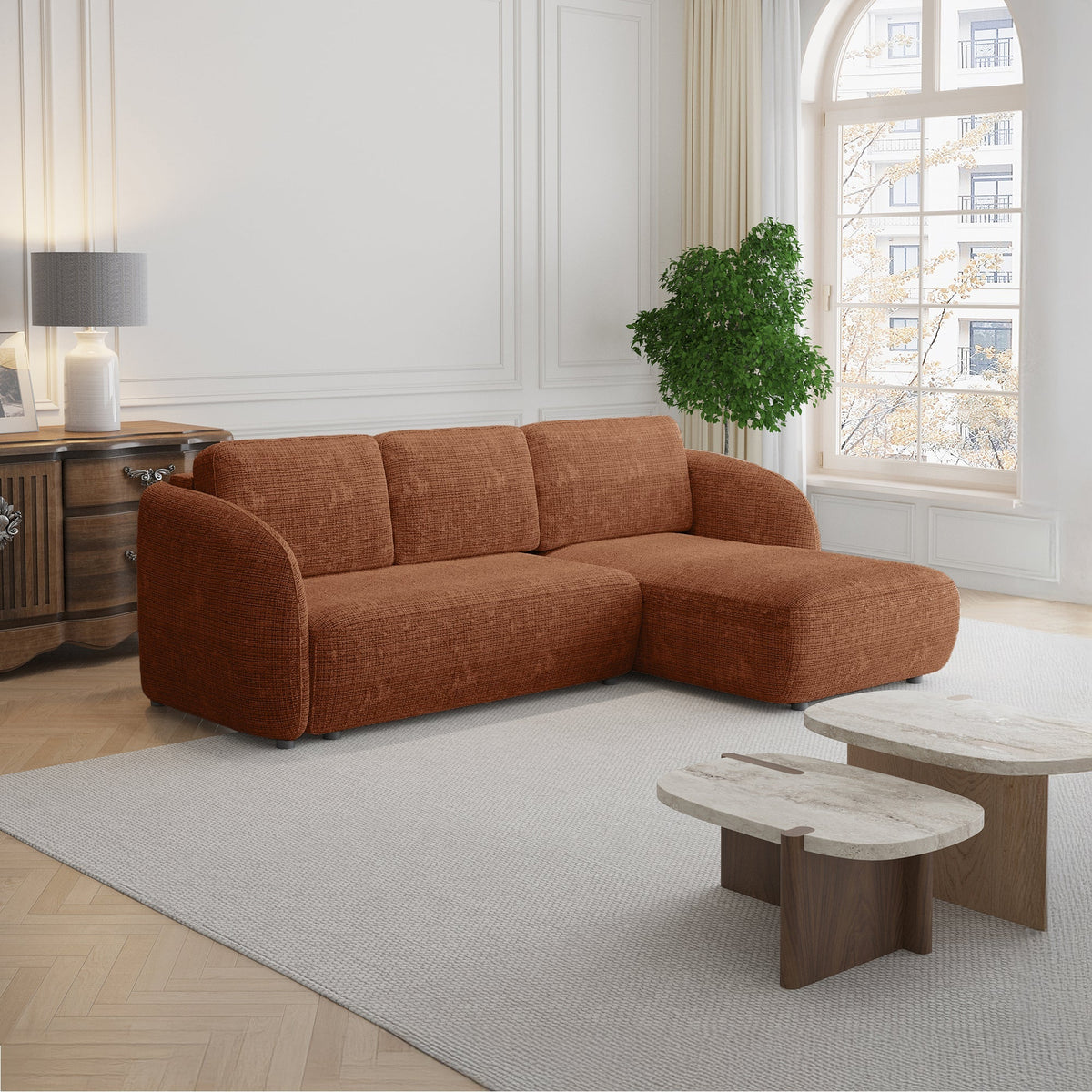 ALANYA Canapé d'angle convertible avec coffre en tissu orange - Angle droit