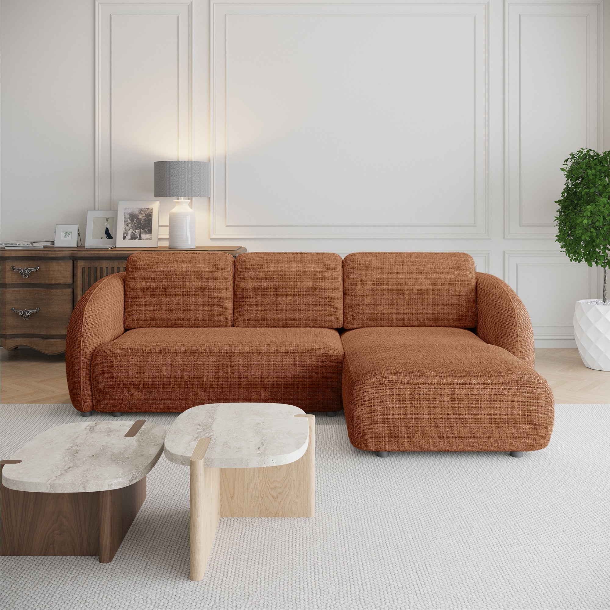 ALANYA Canapé d'angle convertible avec coffre en tissu orange - Angle droit