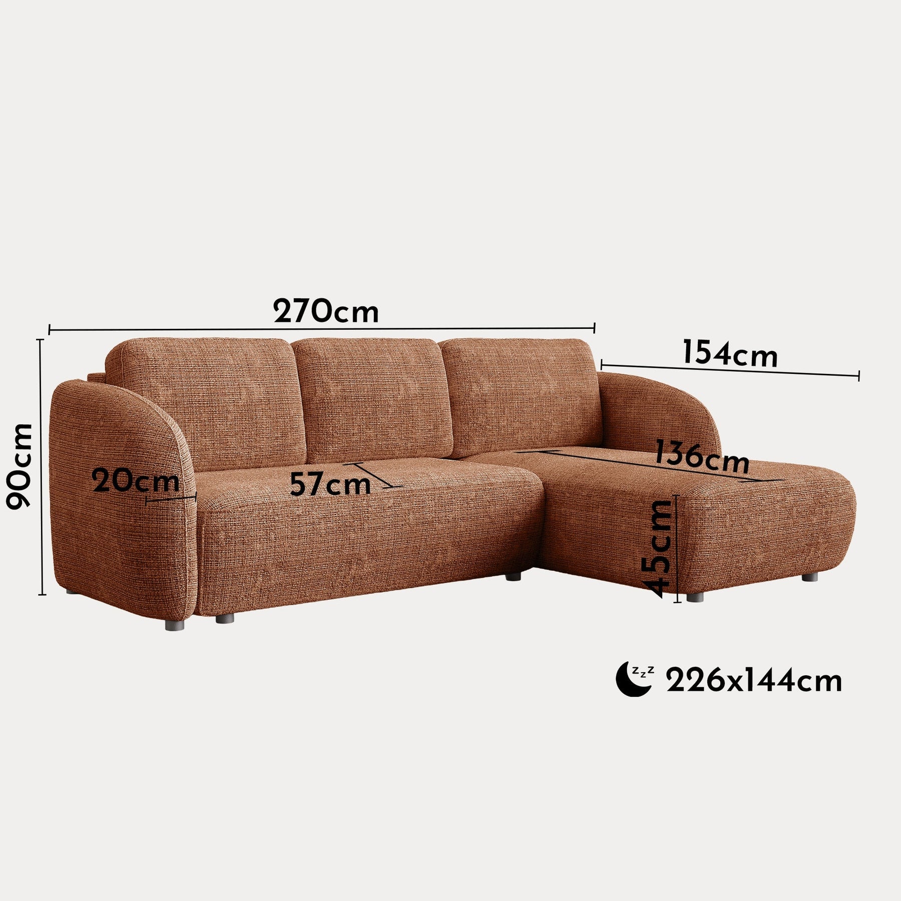 ALANYA Canapé d'angle convertible avec coffre en tissu orange - Angle droit