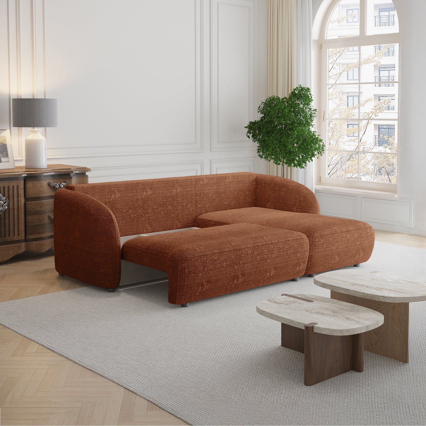 ALANYA Canapé d'angle convertible avec coffre en tissu orange - Angle droit