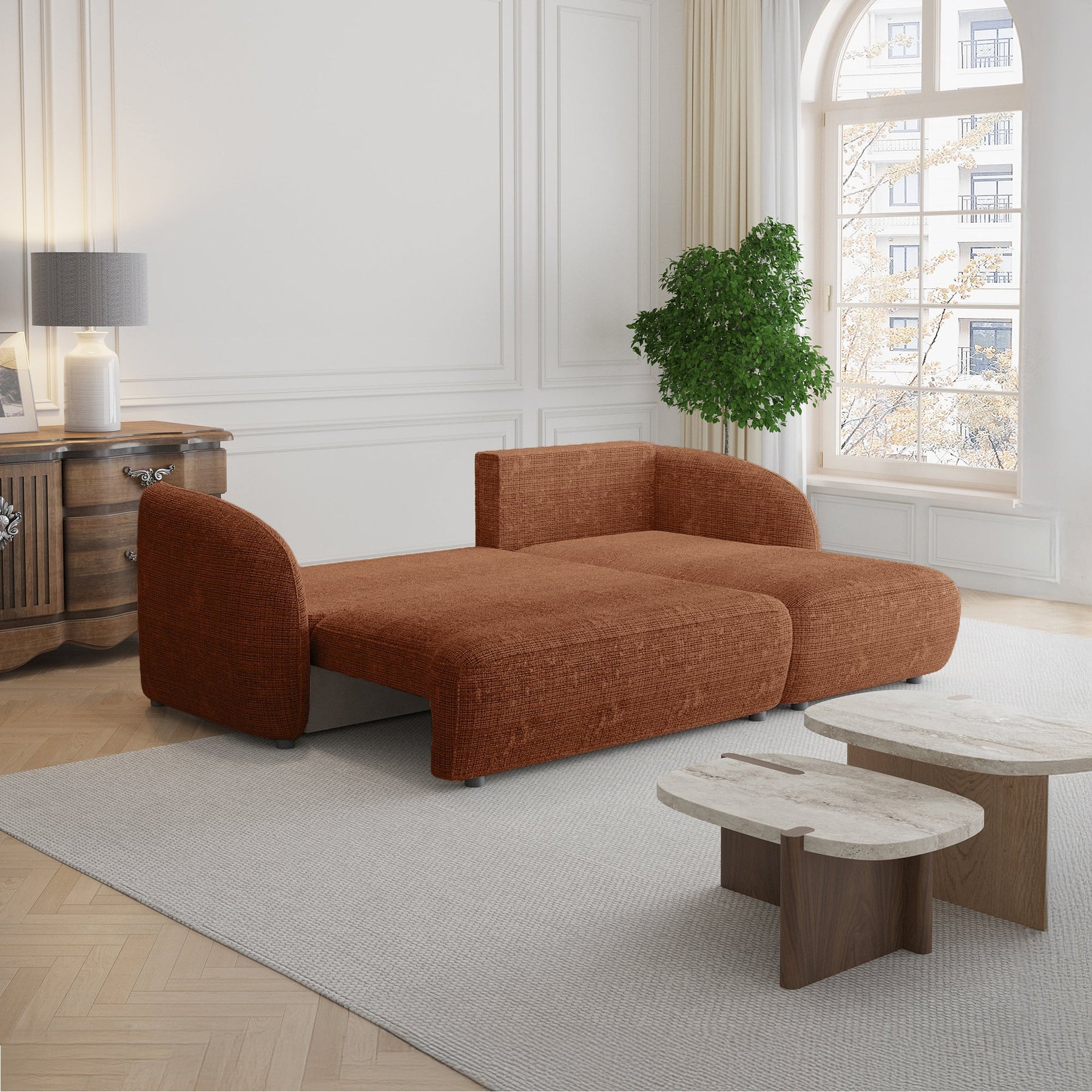 ALANYA Canapé d'angle convertible avec coffre en tissu orange - Angle droit