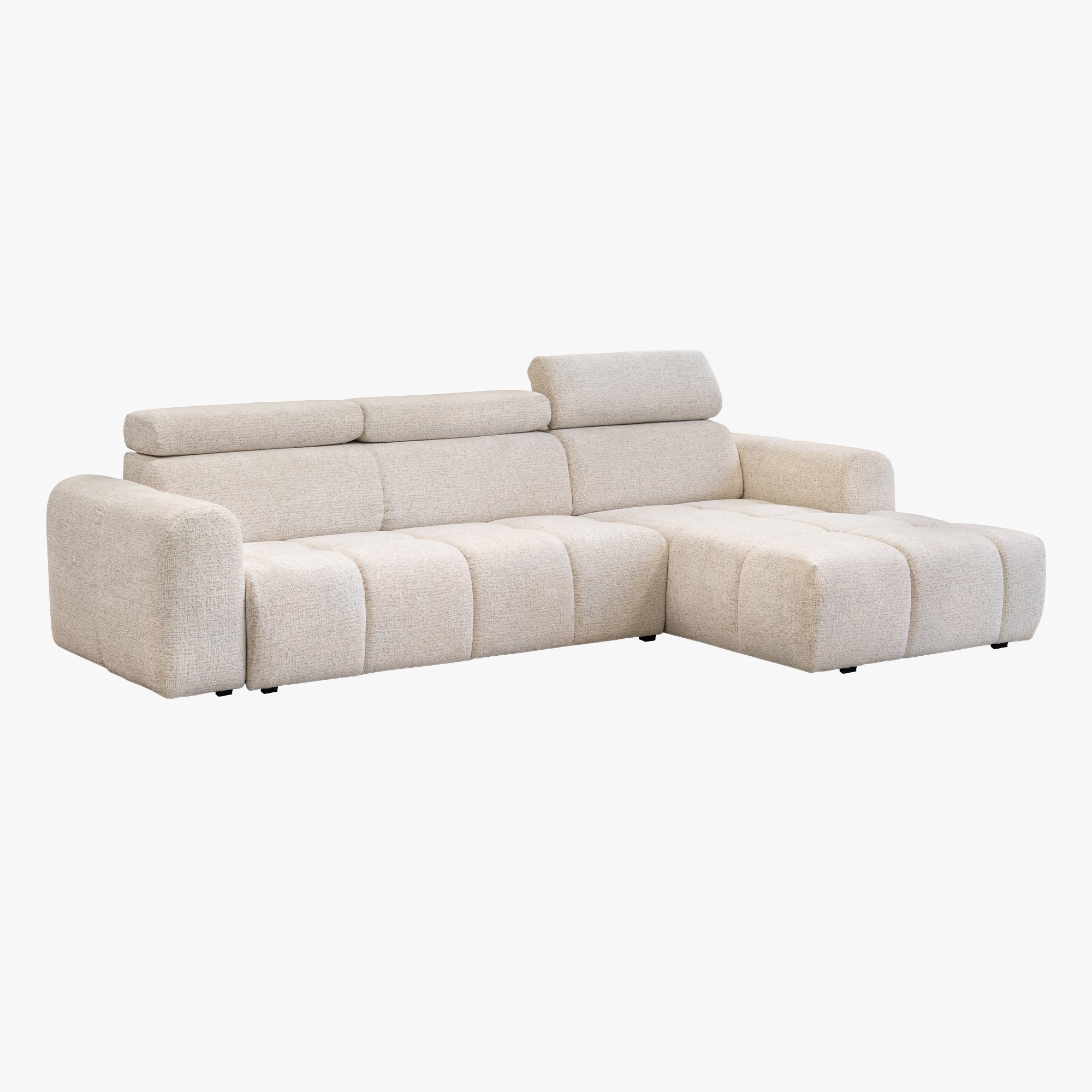 ALEXIA Canapé d'angle convertible avec têtières relevables en tissu beige - Angle droit
