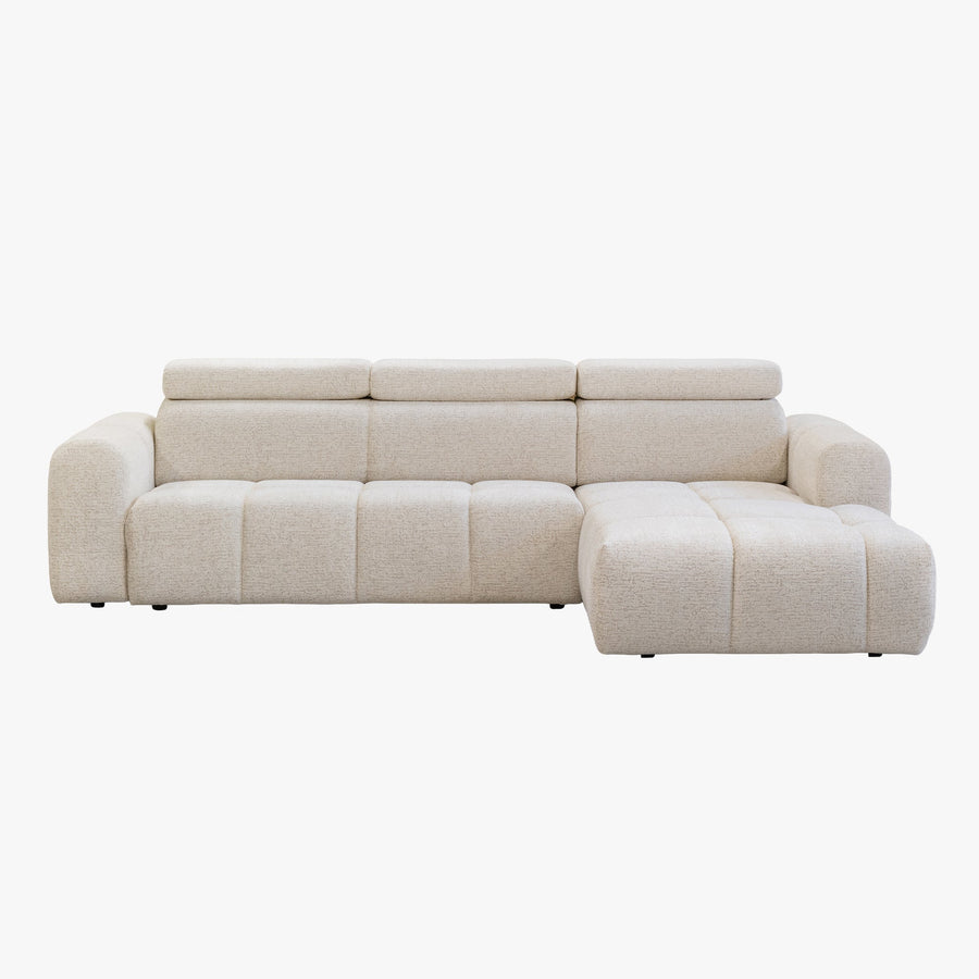 ALEXIA Canapé d'angle convertible avec têtières relevables en tissu beige - Angle droit