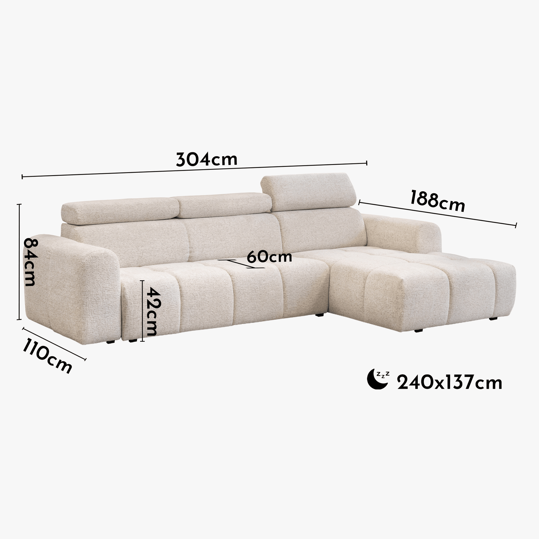 ALEXIA Canapé d'angle convertible avec têtières relevables en tissu beige - Angle droit