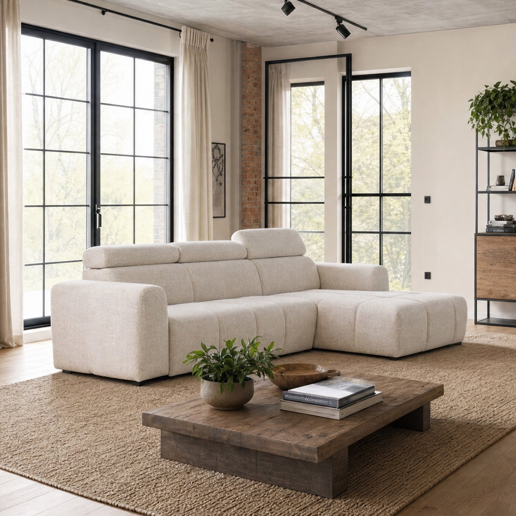 ALEXIA Canapé d'angle convertible avec têtières relevables en tissu beige - Angle droit
