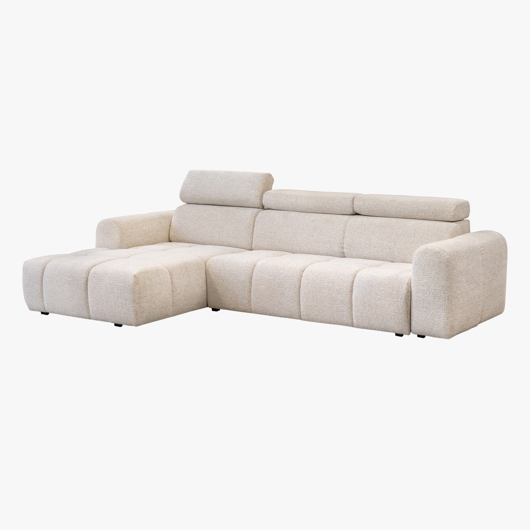 ALEXIA Canapé d'angle convertible avec têtières relevables en tissu beige - Angle gauche