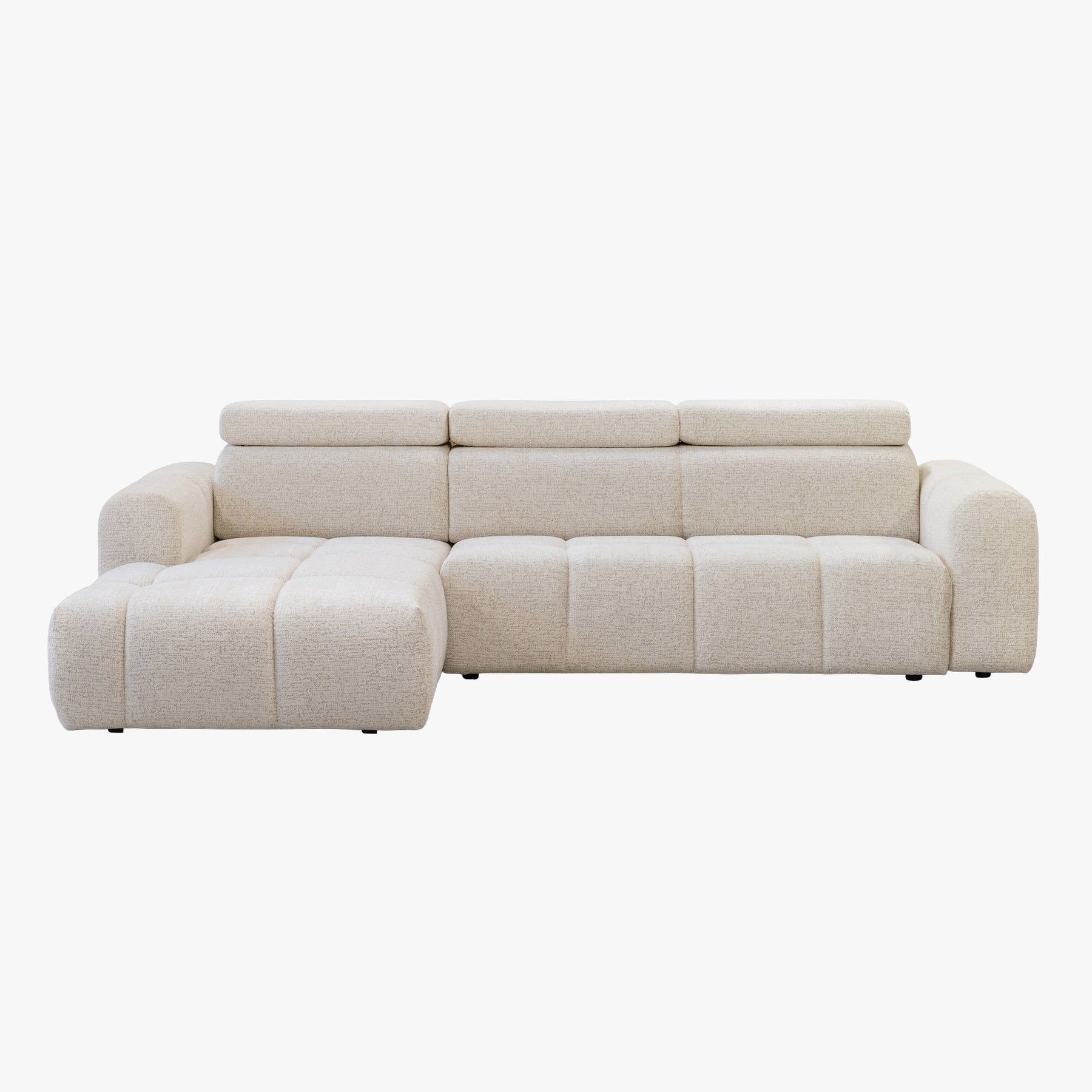 ALEXIA Canapé d'angle convertible avec têtières relevables en tissu beige - Angle gauche