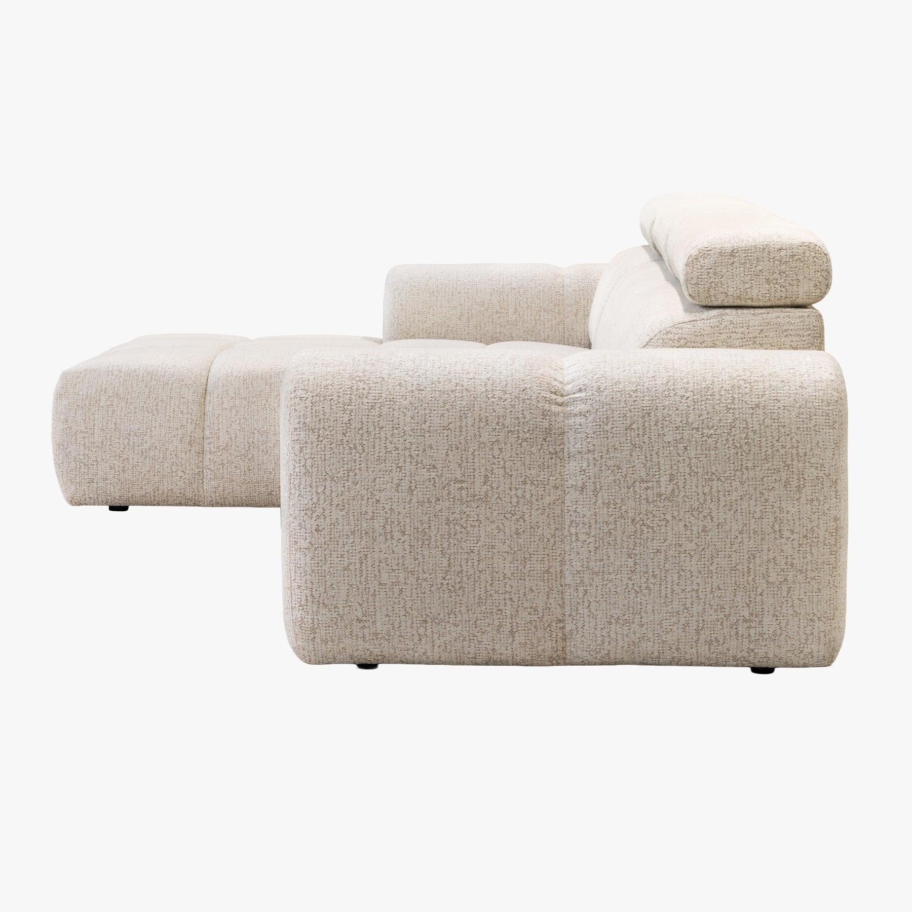 ALEXIA Canapé d'angle convertible avec têtières relevables en tissu beige - Angle gauche