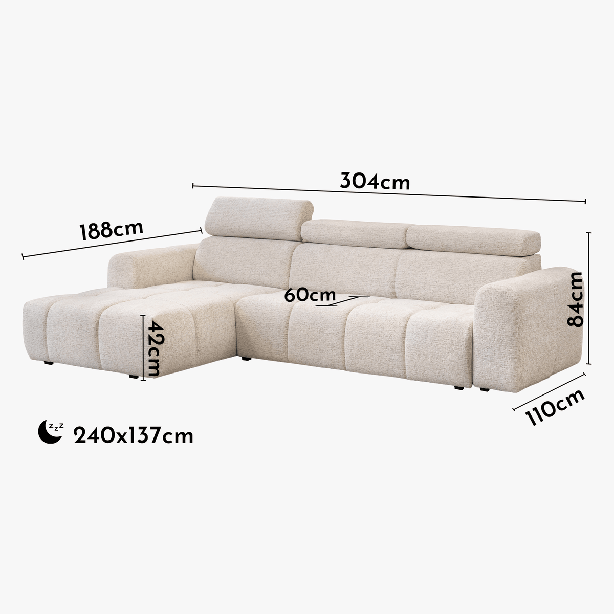 ALEXIA Canapé d'angle convertible avec têtières relevables en tissu beige - Angle gauche