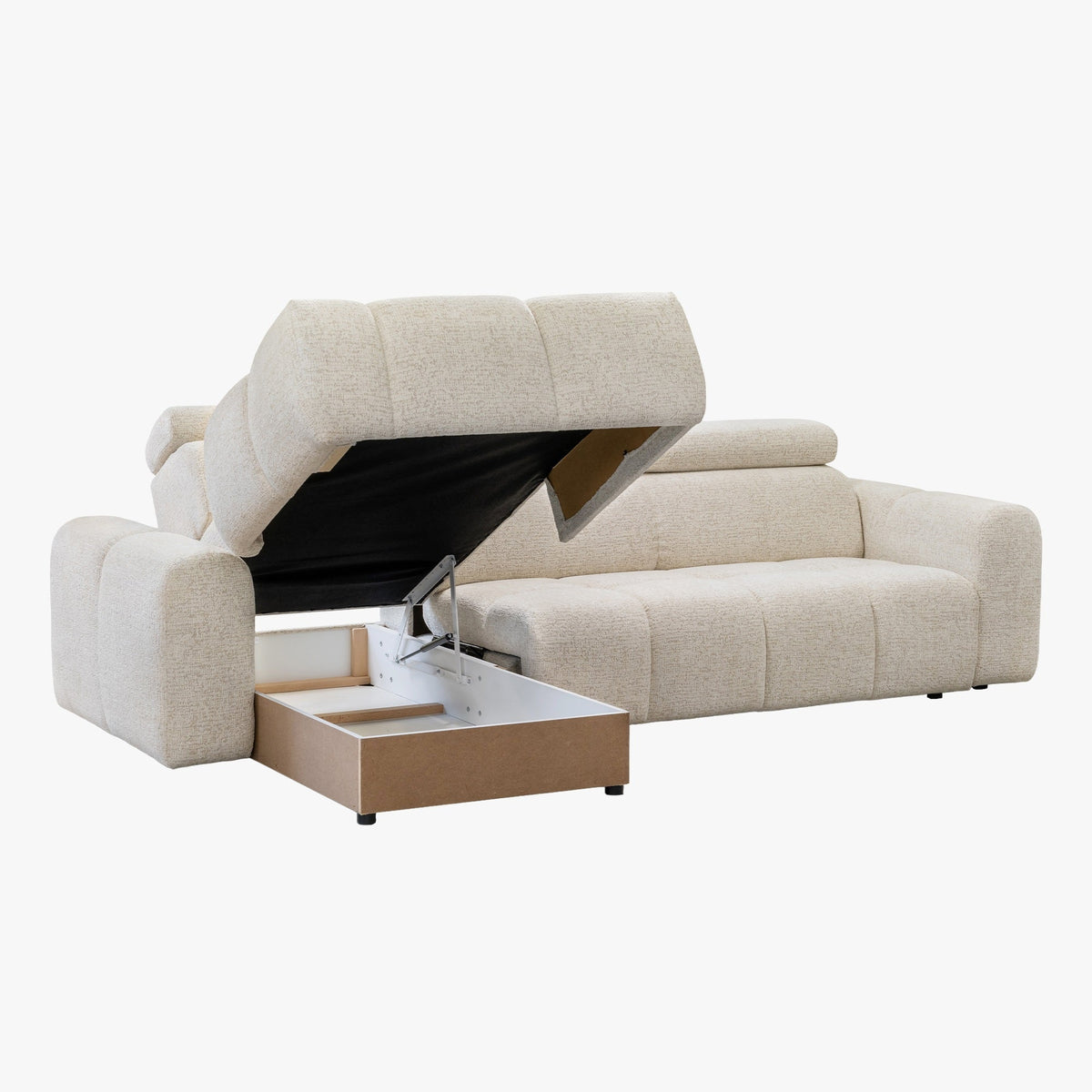 ALEXIA Canapé d'angle convertible avec têtières relevables en tissu beige - Angle gauche