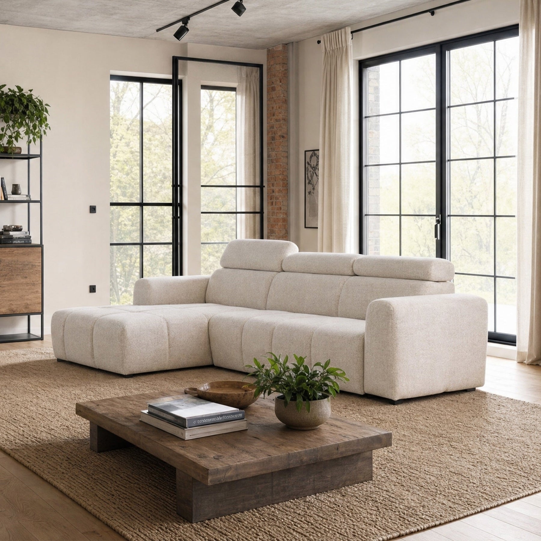 ALEXIA Canapé d'angle convertible avec têtières relevables en tissu beige - Angle gauche