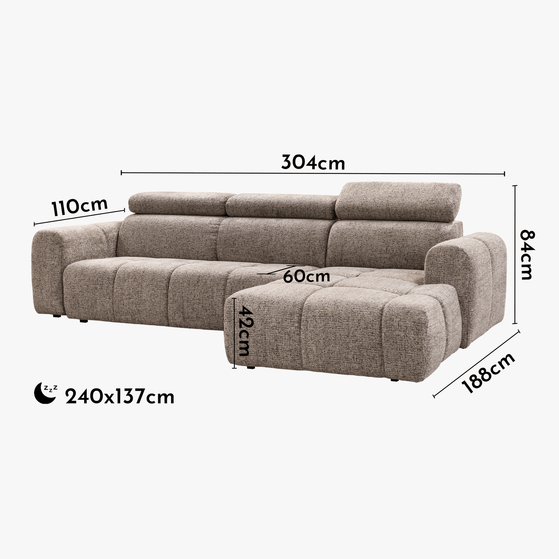 ALEXIA Canapé d'angle convertible avec têtières relevables en tissu taupe - Angle droit