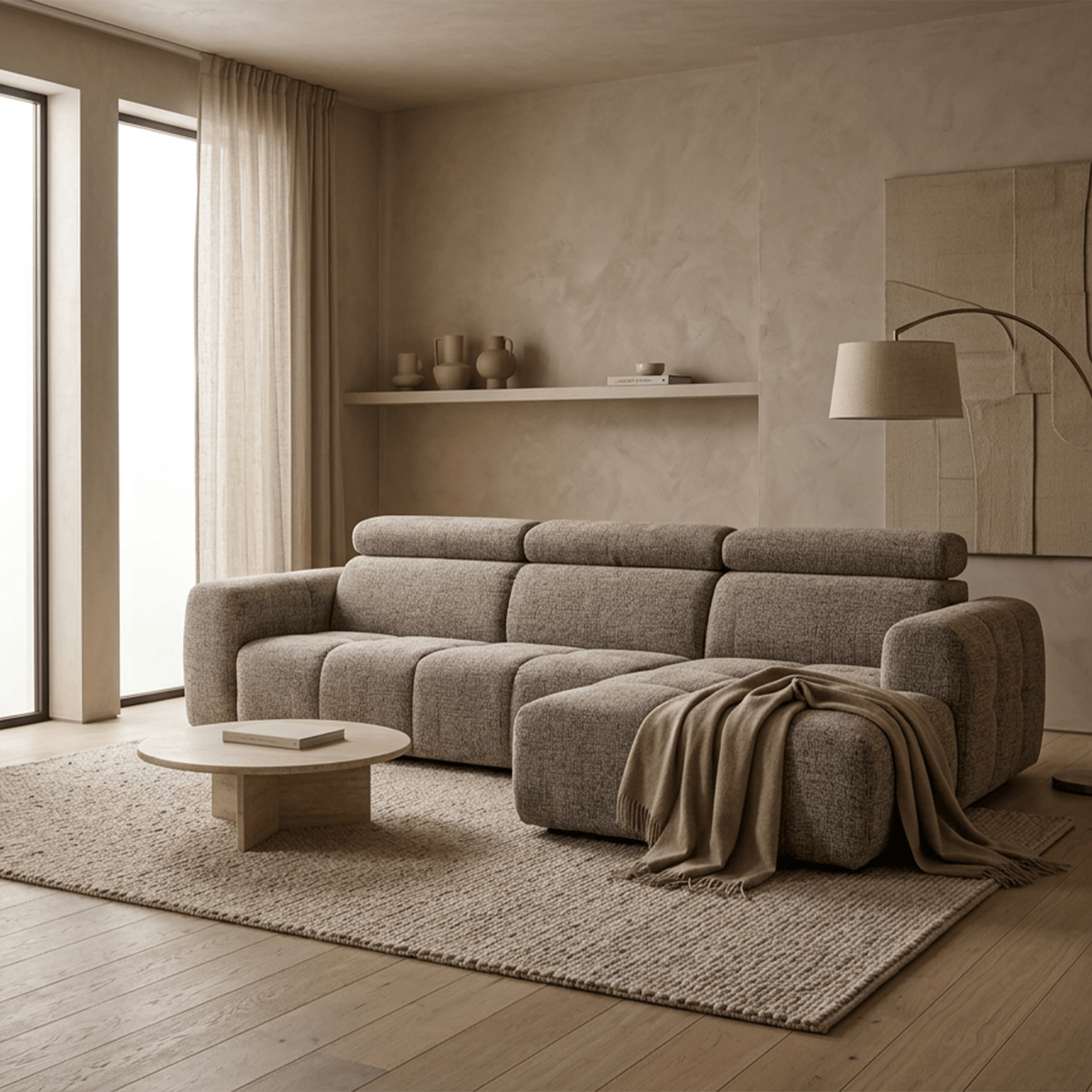 ALEXIA Canapé d'angle convertible avec têtières relevables en tissu taupe - Angle droit
