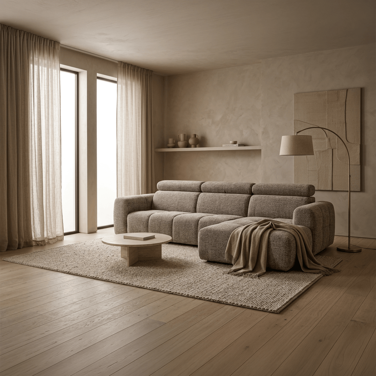 ALEXIA Canapé d'angle convertible avec têtières relevables en tissu taupe - Angle droit