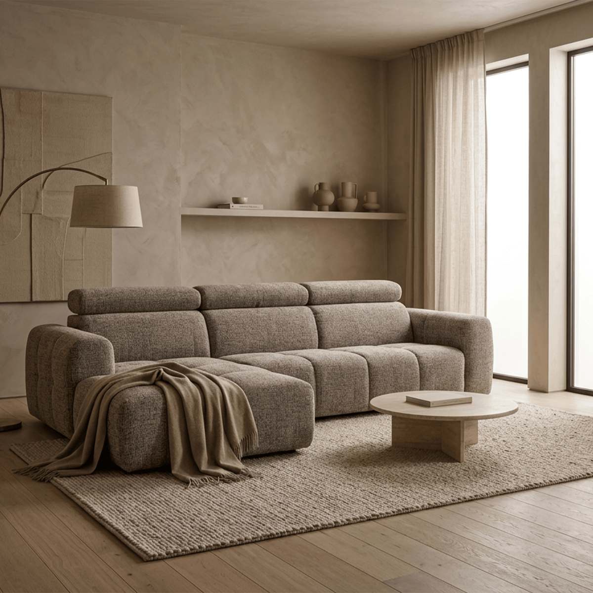 ALEXIA Canapé d'angle convertible avec têtières relevables en tissu taupe - Angle gauche