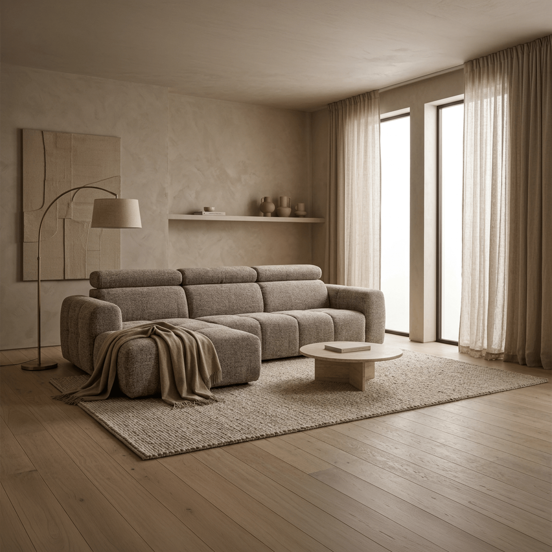 ALEXIA Canapé d'angle convertible avec têtières relevables en tissu taupe - Angle gauche