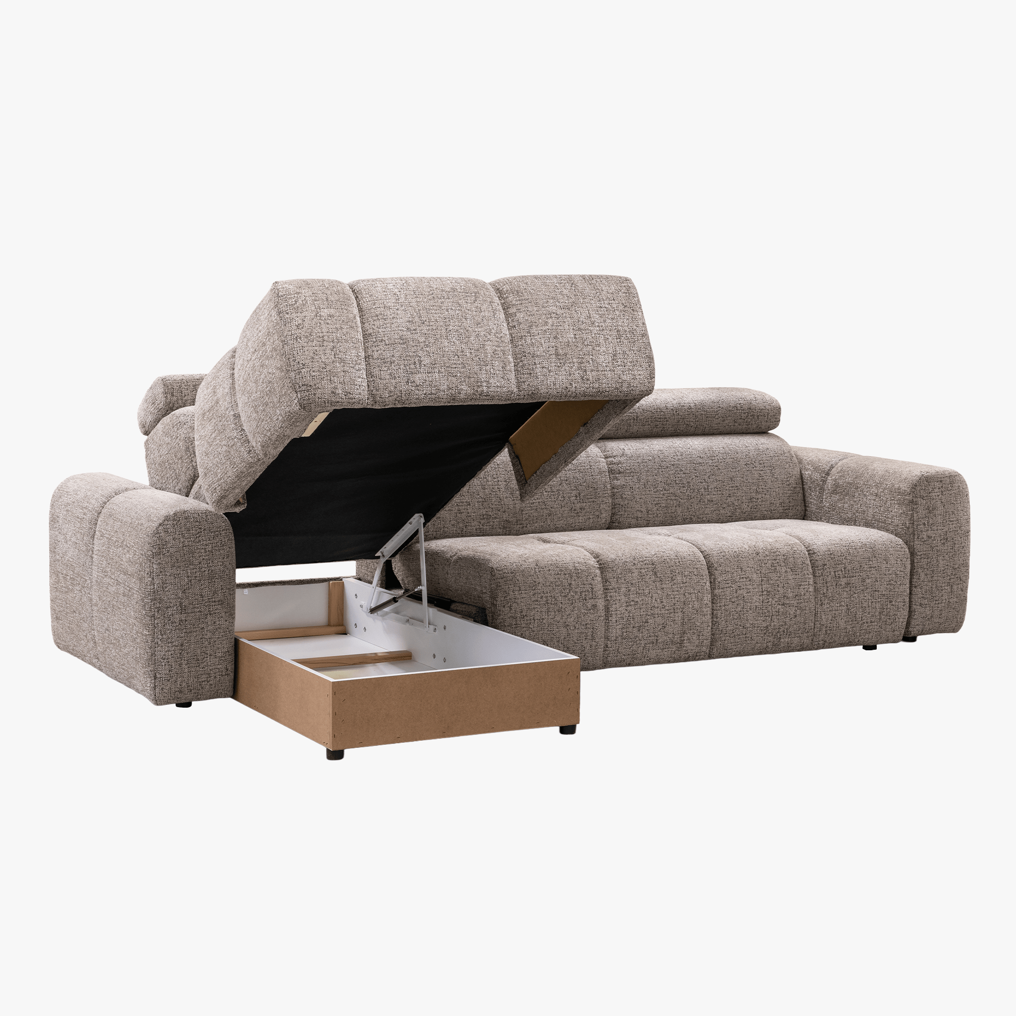 ALEXIA Canapé d'angle convertible avec têtières relevables en tissu taupe - Angle gauche