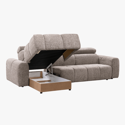 ALEXIA Canapé d'angle convertible avec têtières relevables en tissu taupe - Angle gauche