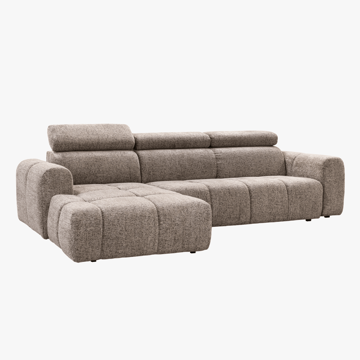 ALEXIA Canapé d'angle convertible avec têtières relevables en tissu taupe - Angle gauche