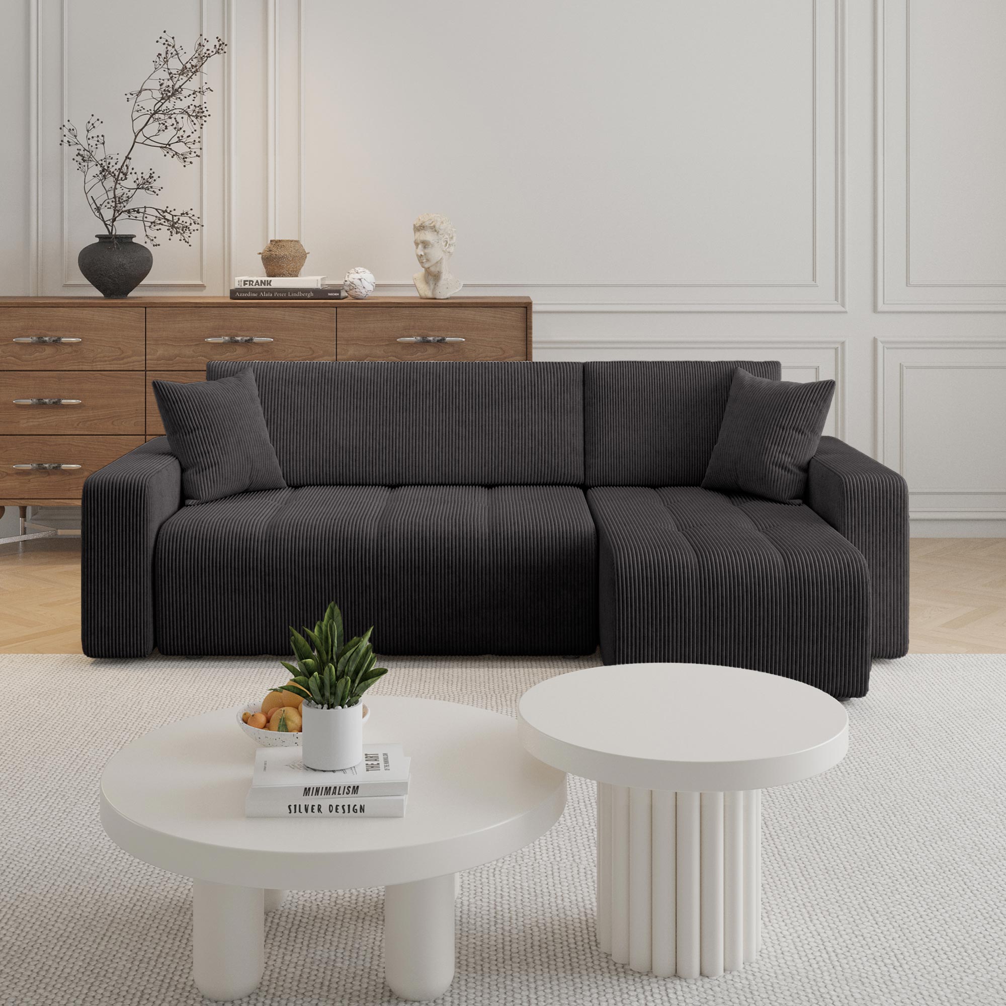 ALICIA MINI Canapé d'angle convertible et réversible avec coffre en velours côtelé gris foncé