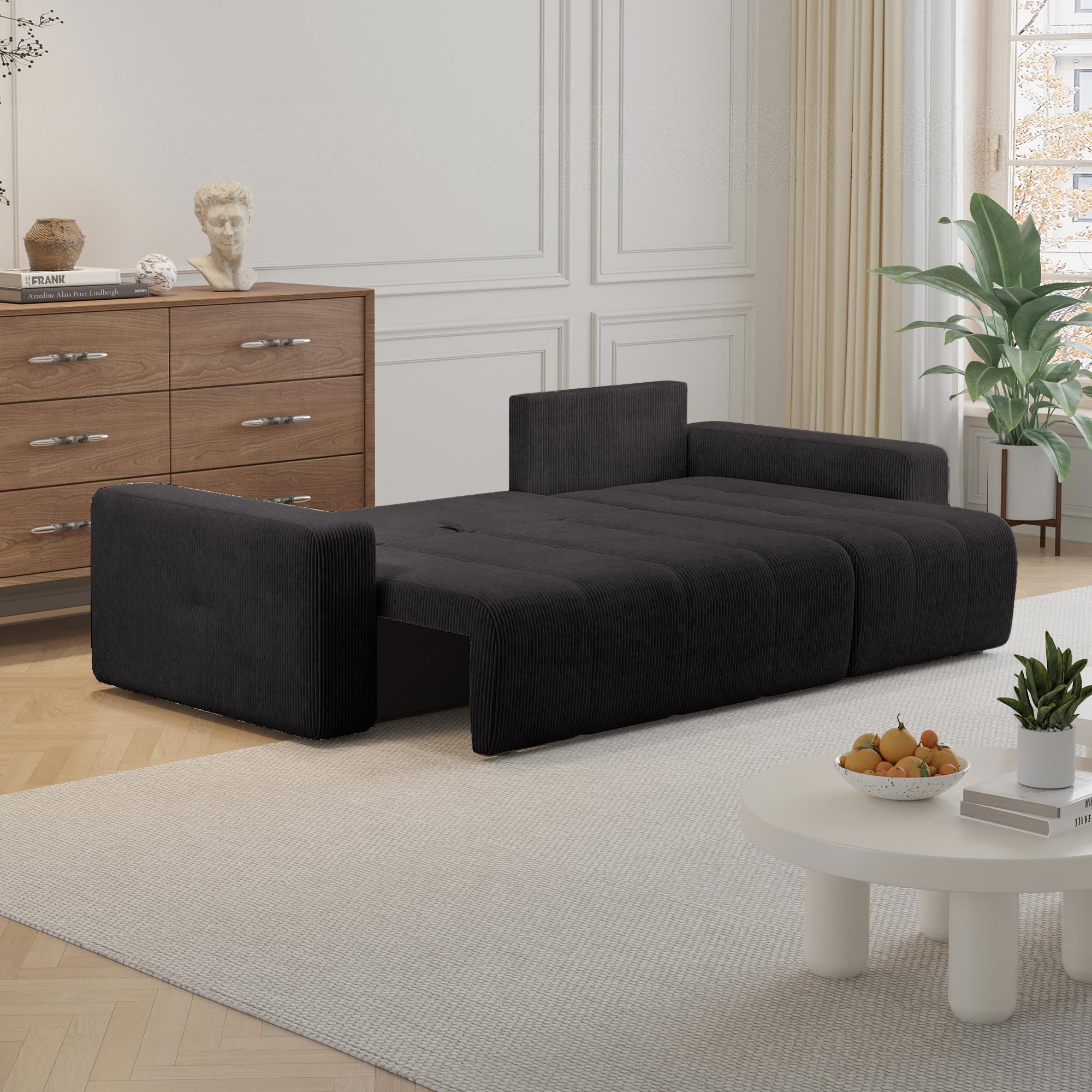 ALICIA MINI Canapé d'angle convertible et réversible avec coffre en velours côtelé gris foncé