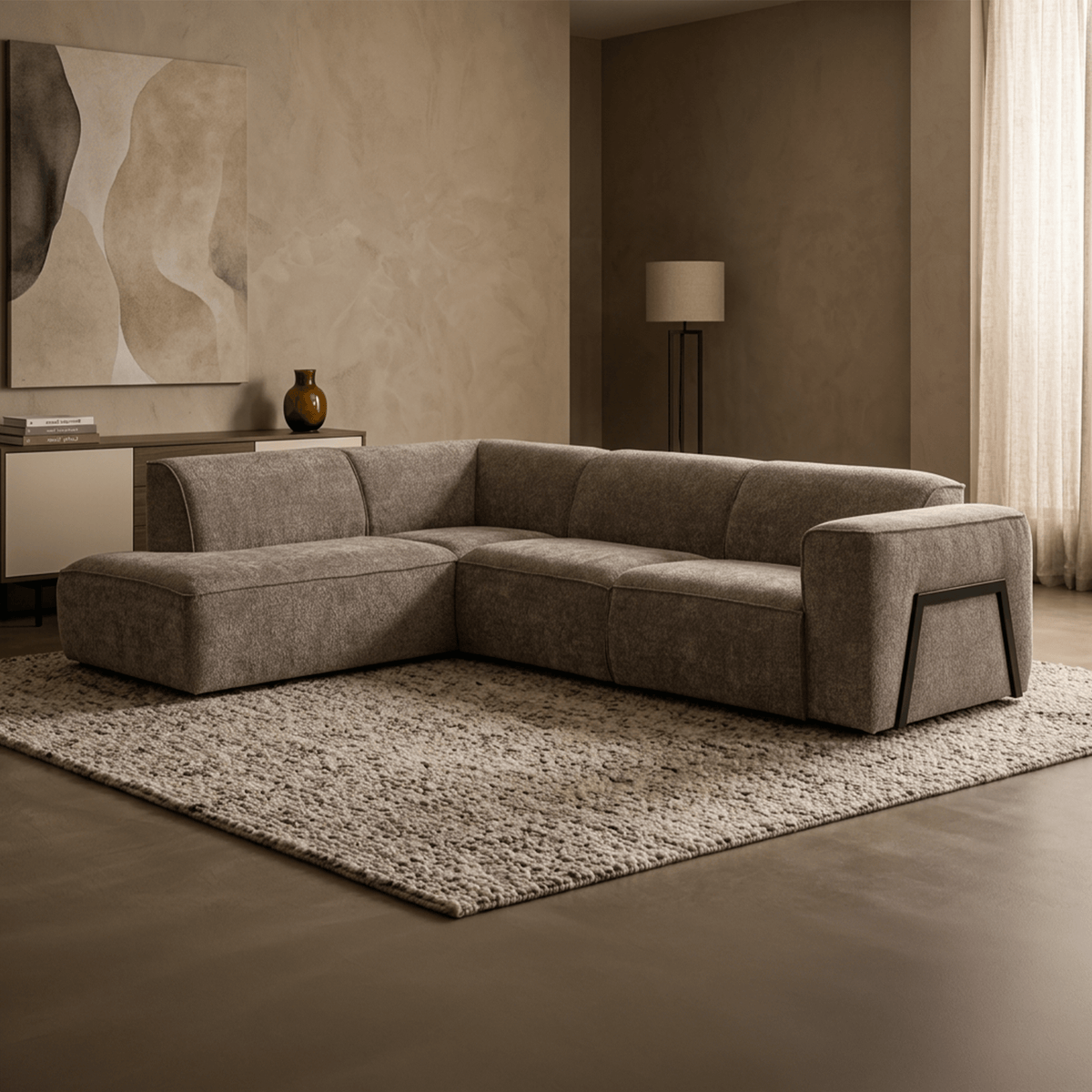 AMANDA Canapé d'angle en tissu taupe avec détail métal noir - Angle gauche