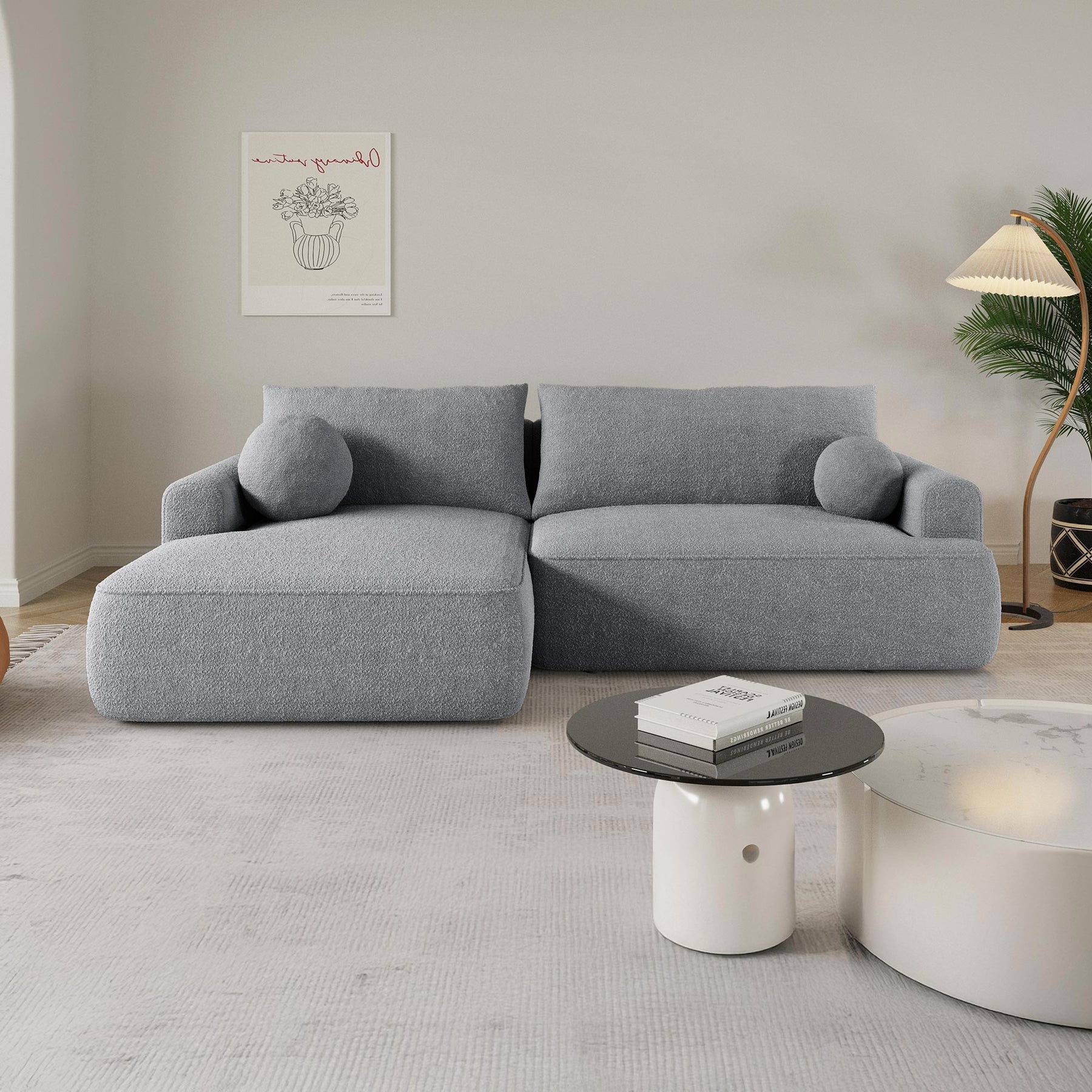ANAIS Canapé d'angle convertible en tissu bouclette gris - Angle gauche