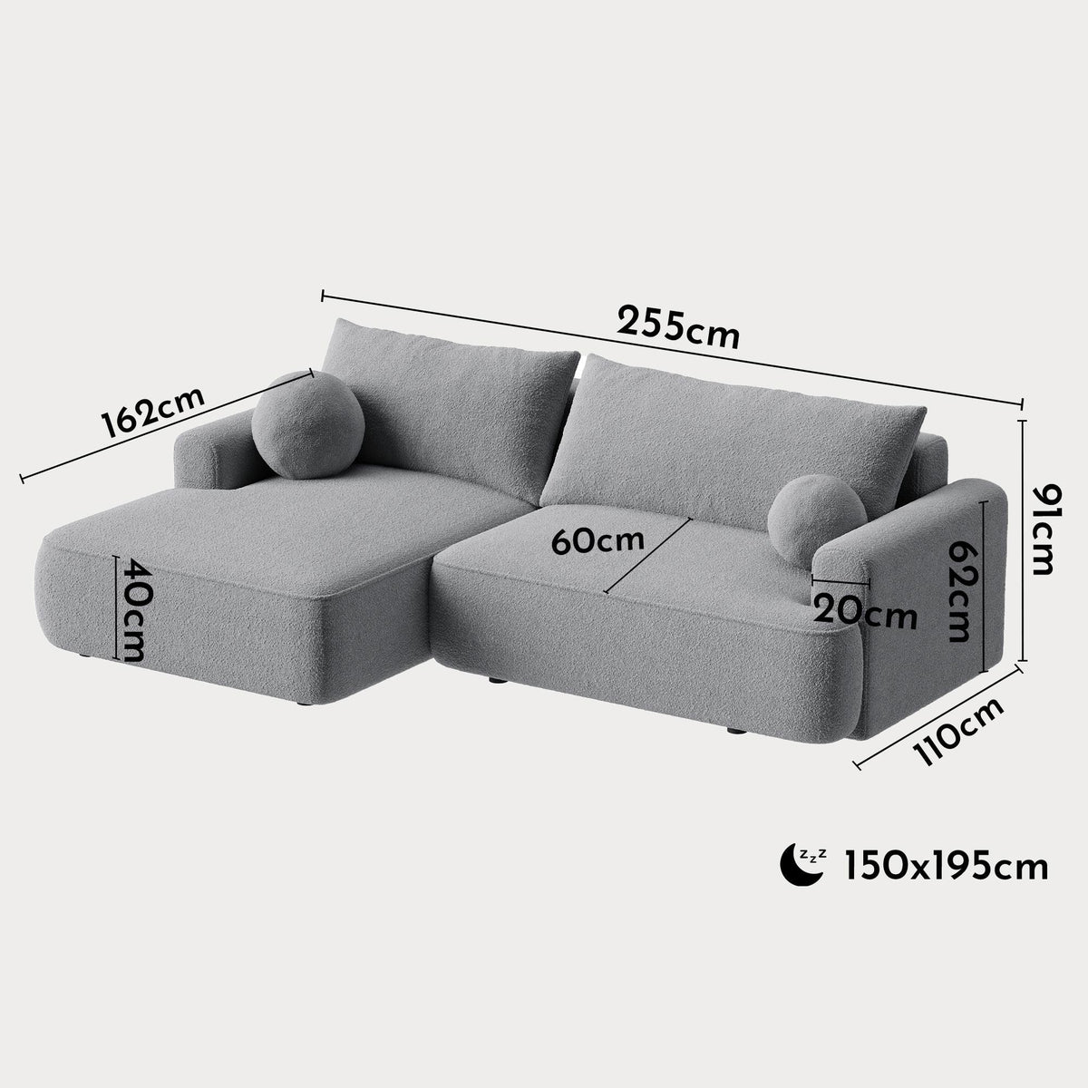 ANAIS Canapé d'angle convertible en tissu bouclette gris - Angle gauche