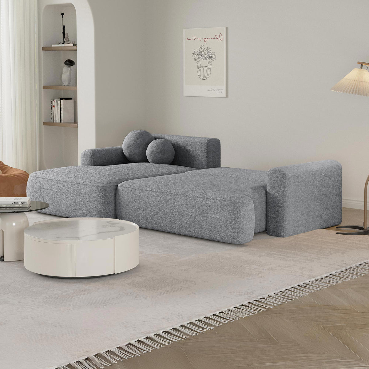 ANAIS Canapé d'angle convertible en tissu bouclette gris - Angle gauche
