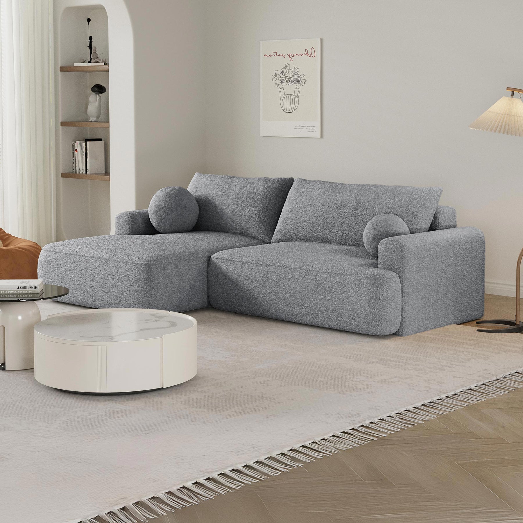 ANAIS Canapé d'angle convertible en tissu bouclette gris - Angle gauche