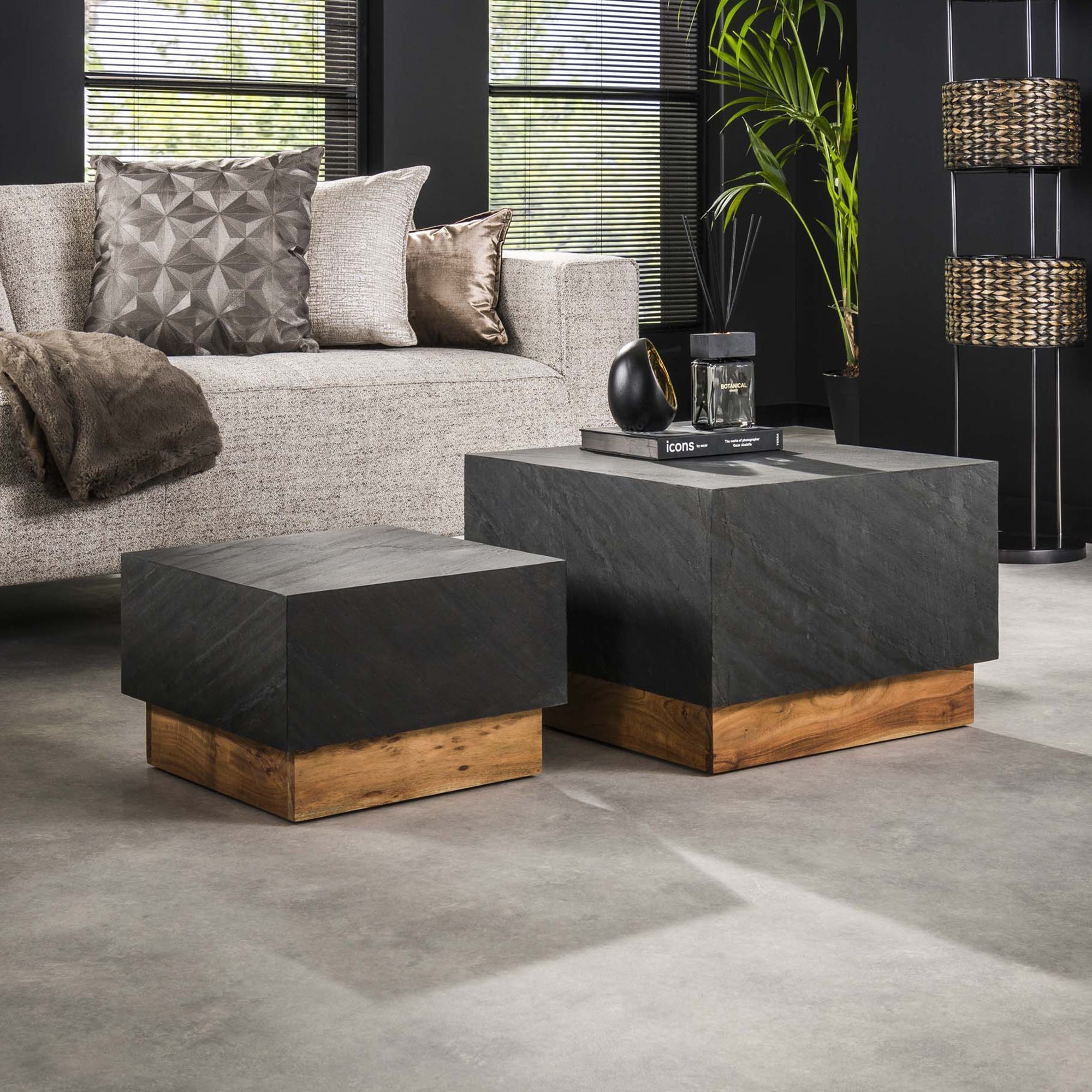 ANEA Lot de 2 tables basses carré en ardoise et en bois d'acacia