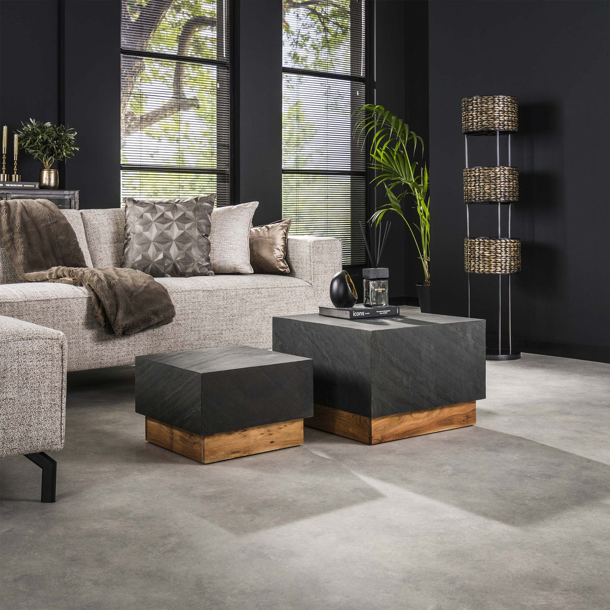 ANEA Lot de 2 tables basses carré en ardoise et en bois d'acacia