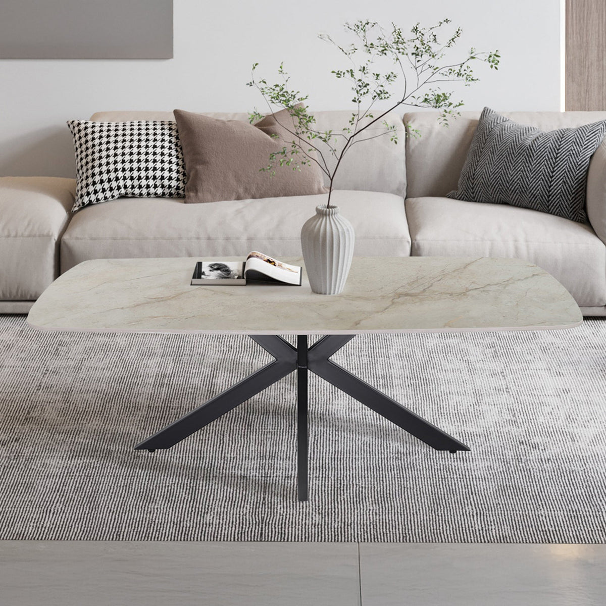 APOLLO Table basse ovale en pierre frittée beige 130 cm