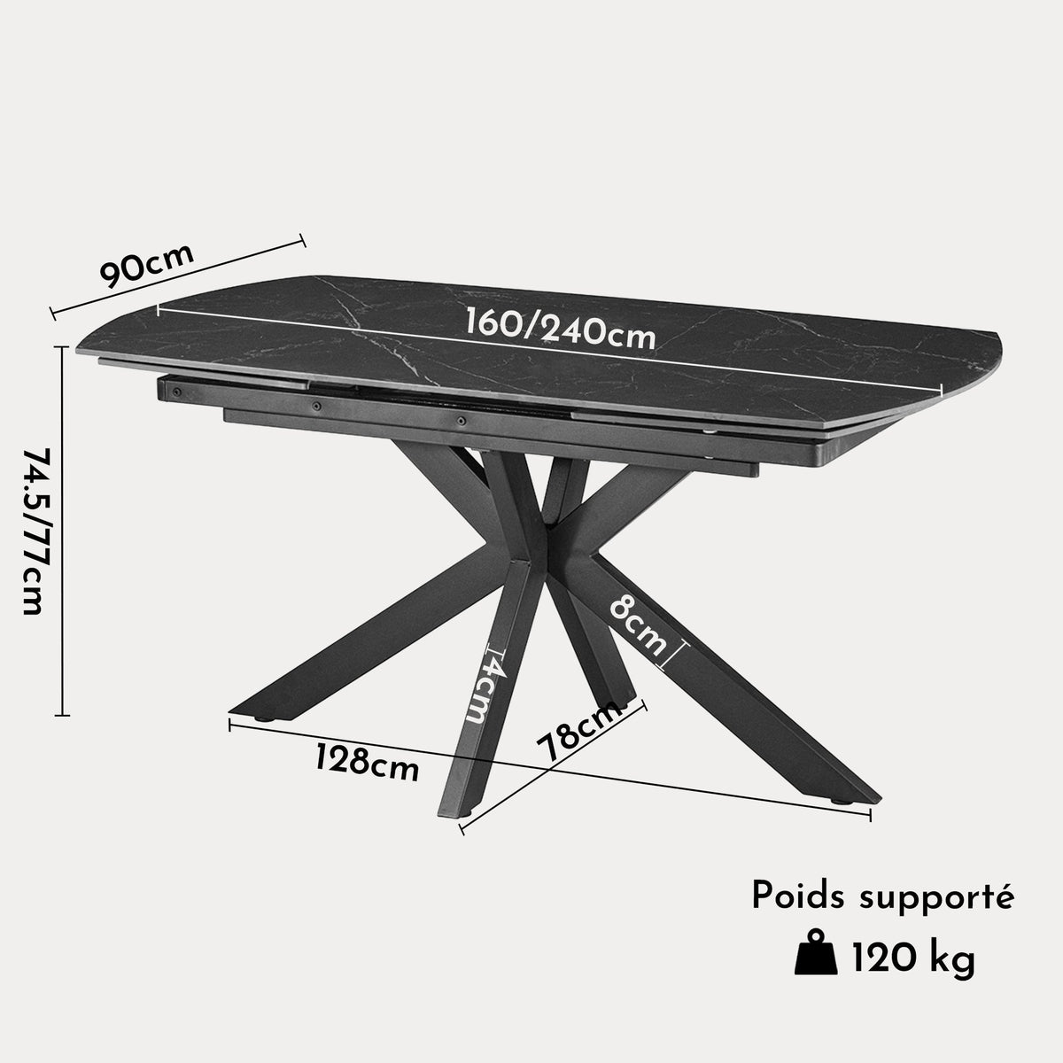 ARES Table à manger extensible en pierre frittée et métal noir
