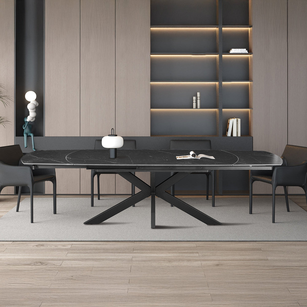 ARES Table à manger extensible en pierre frittée et métal noir