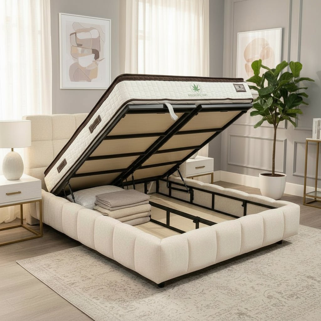 ARIONA Lit double en tissu beige avec coffre 160x200 cm