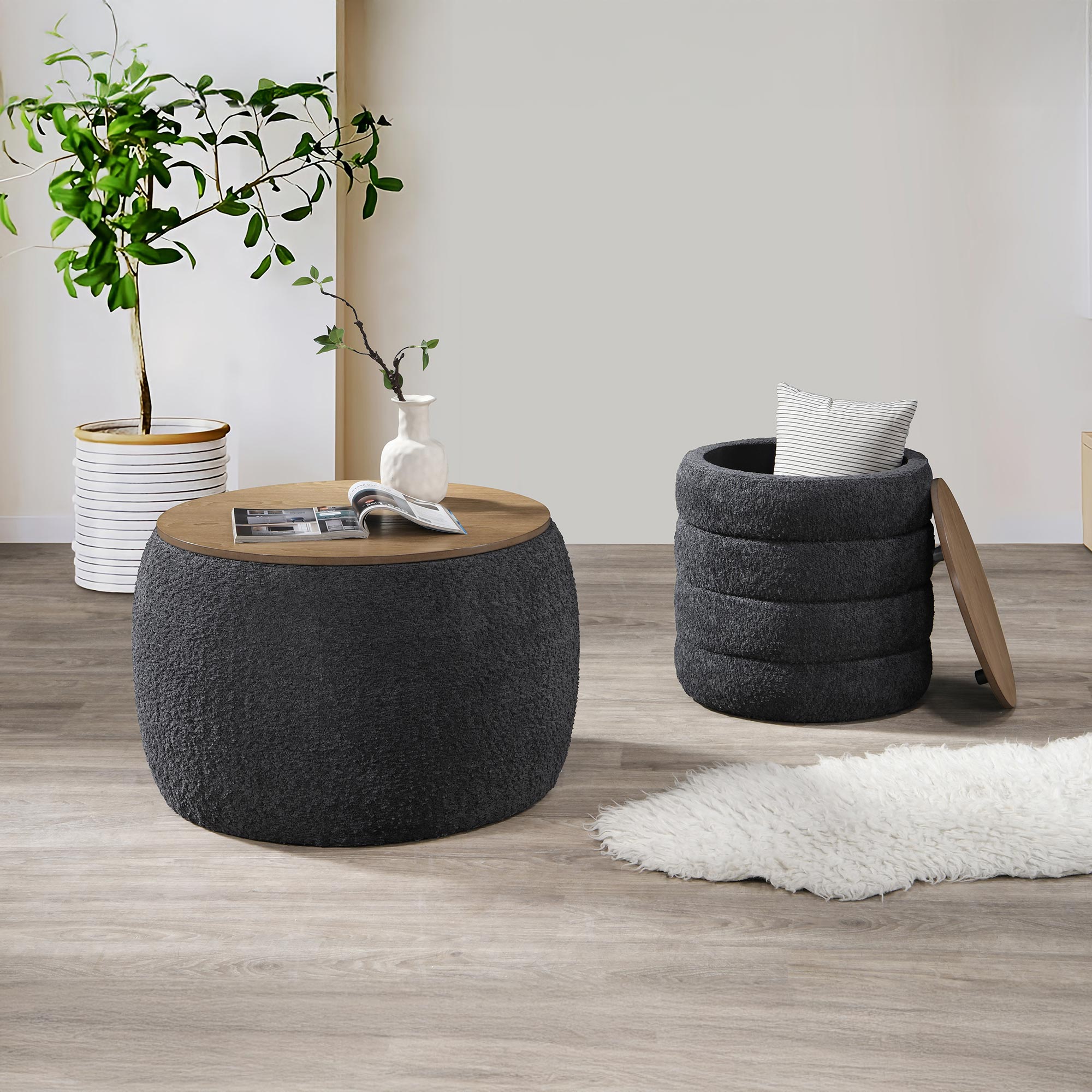 ARTA Pouf coffre effet peau de mouton gris foncé et bois