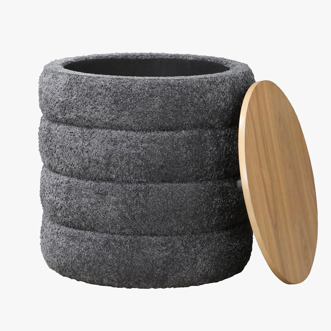 ARTA Pouf coffre effet peau de mouton gris foncé et bois