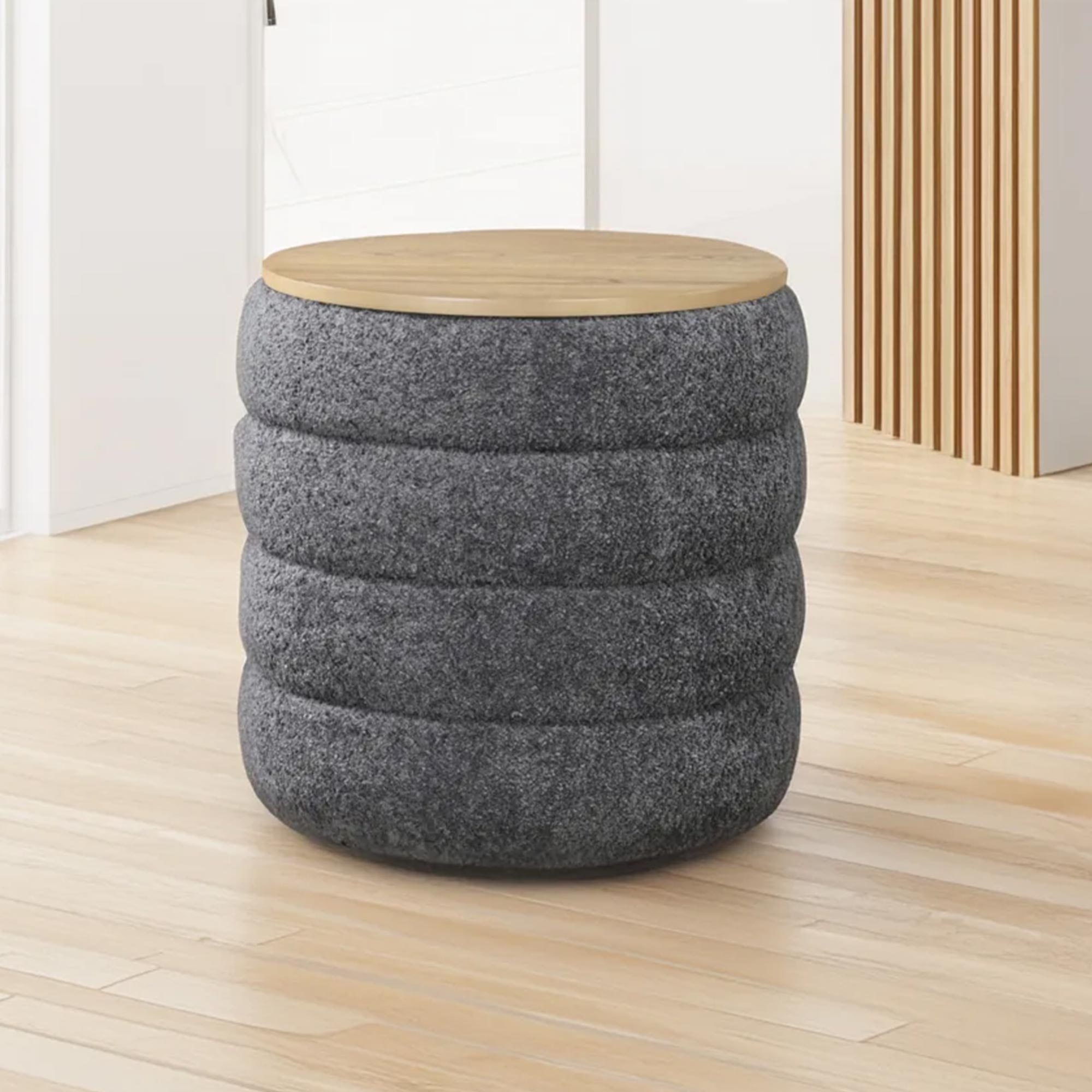 ARTA Pouf coffre effet peau de mouton gris foncé et bois