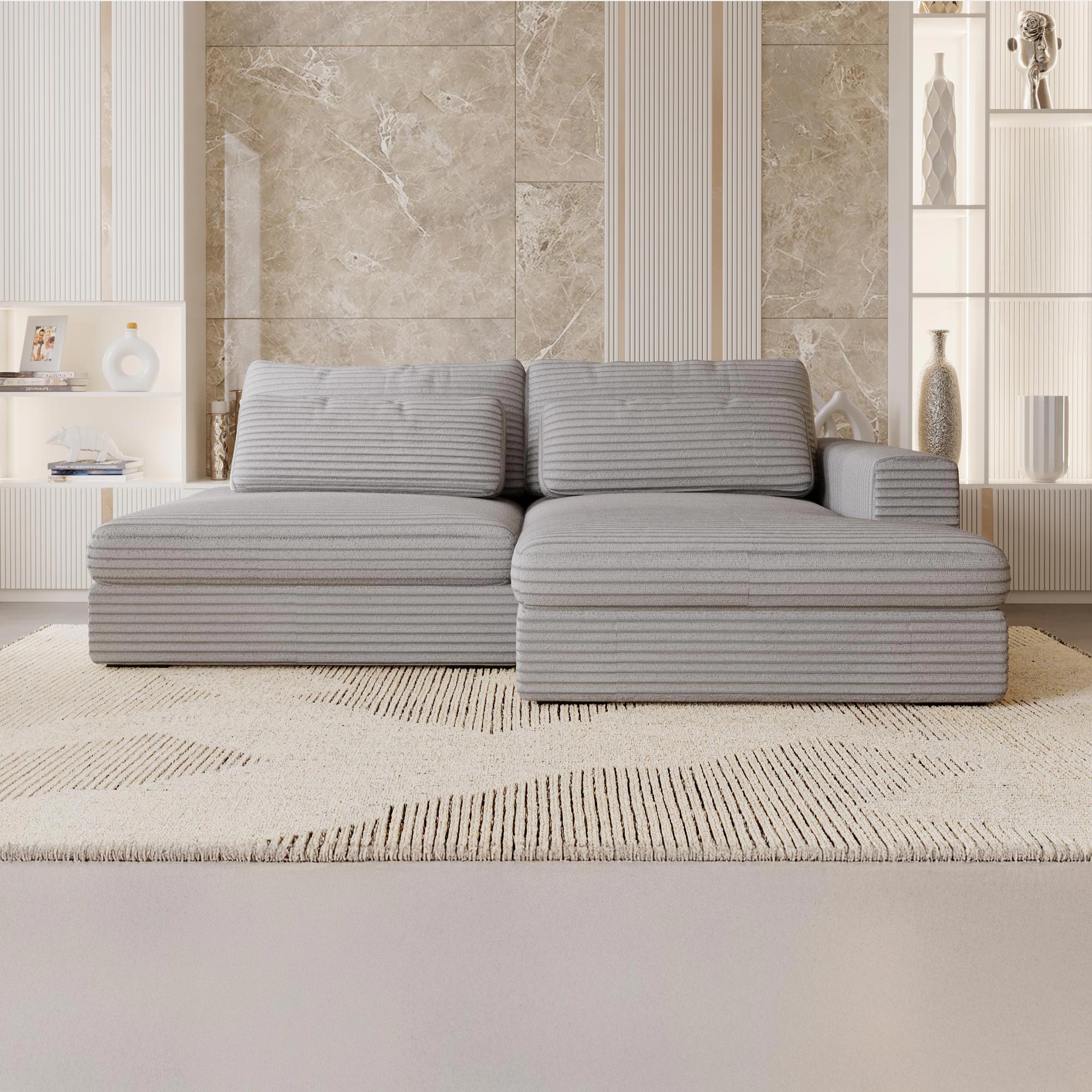 AYDA Canapé d'angle convertible avec coffre en velours gros côtelé gris clair - Angle droit