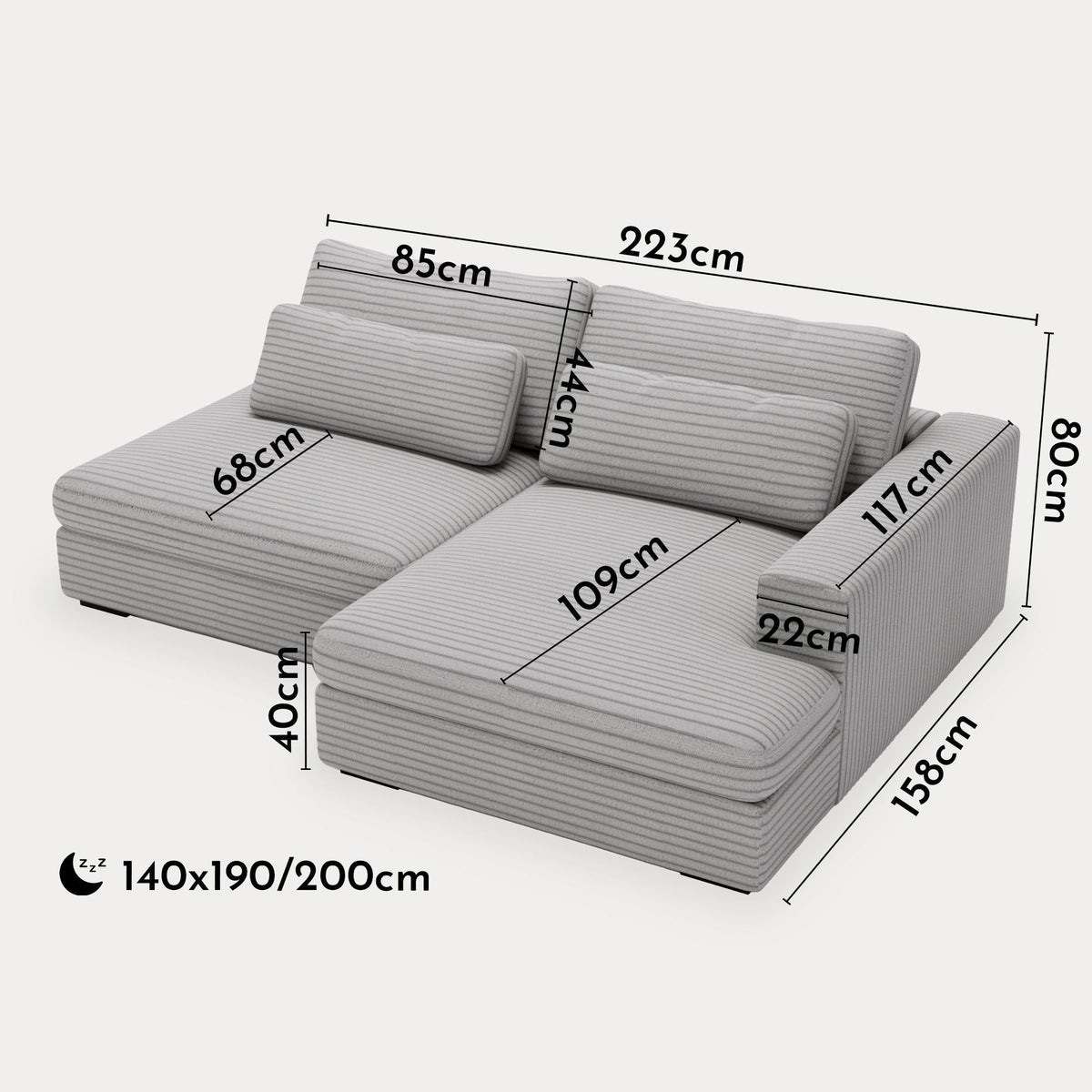 AYDA Canapé d'angle convertible avec coffre en velours gros côtelé gris clair - Angle droit