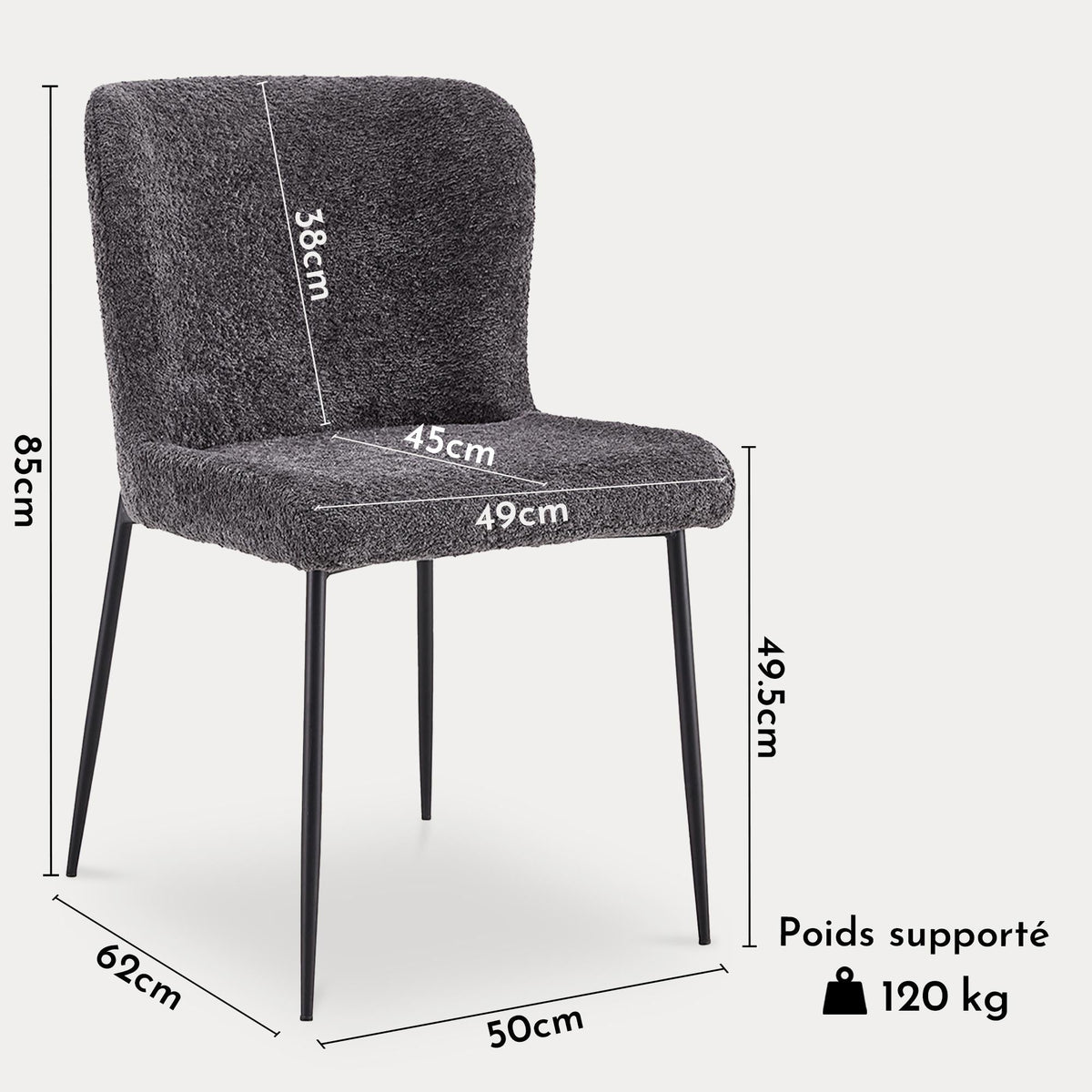 AZEL Lot de 2 chaises tissu bouclette gris anthracite piètement métal noir