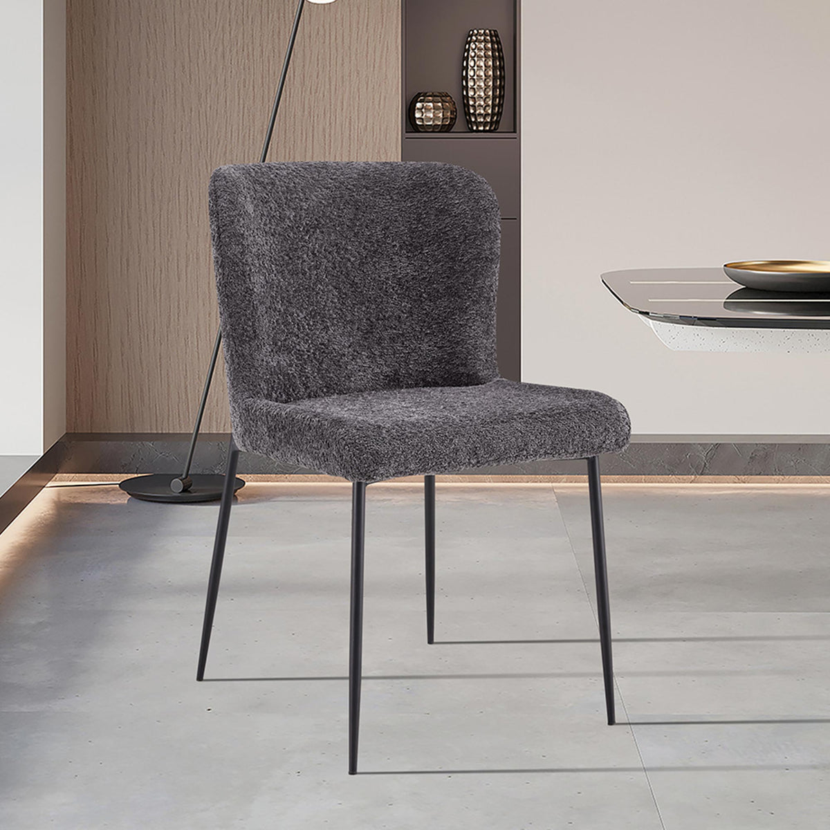 AZEL Lot de 2 chaises tissu bouclette gris anthracite piètement métal noir